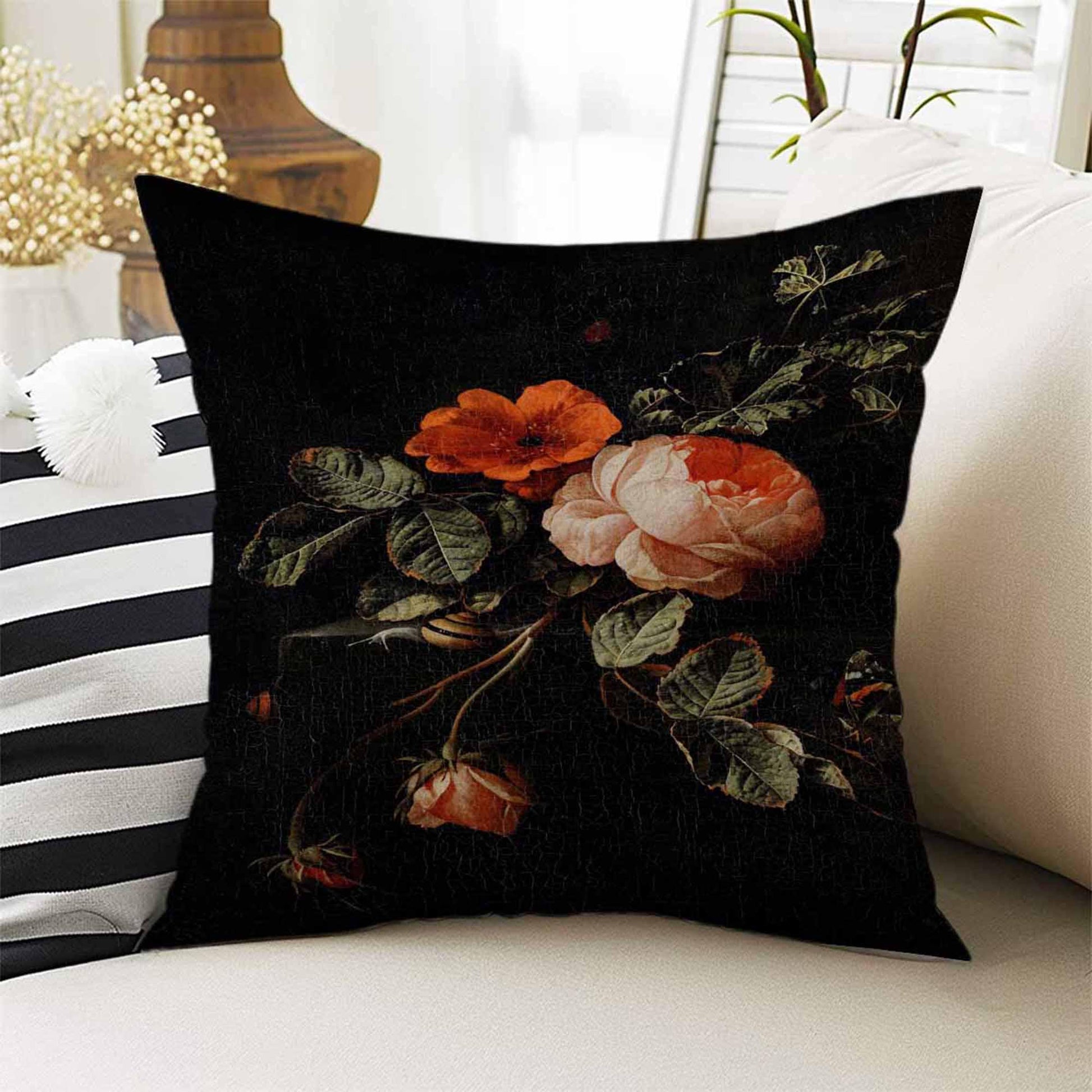 Dark Academia Moody Pillow Cover, Victorian Flowers Cushion, Decorative Throw Pillowcase, Dark Cottagecore Floral Home Decor