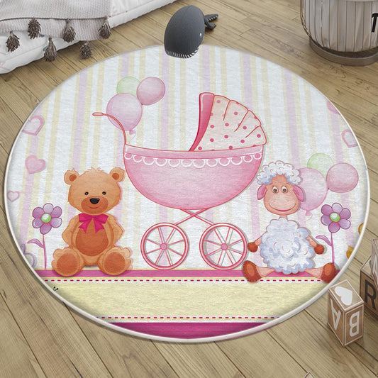 Round Pink Bear Lamb Nursery Room Rug, Cute Animal Rug Gift For Kid, Baby Shower Girl Kids Room Gift, Kids Room Decor with pillow case gift