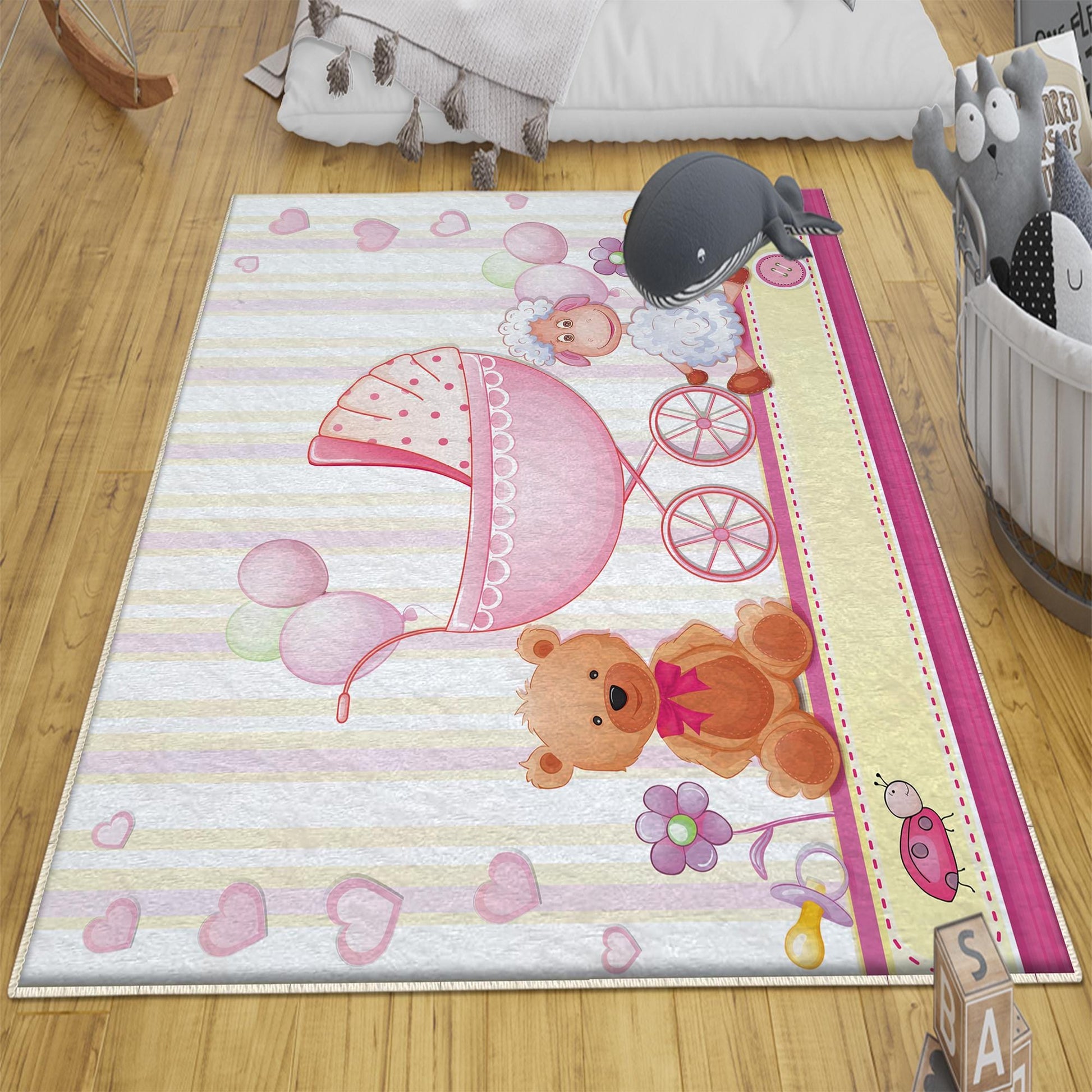 Round Pink Bear Lamb Nursery Room Rug, Cute Animal Rug Gift For Kid, Baby Shower Girl Kids Room Gift, Kids Room Decor with pillow case gift