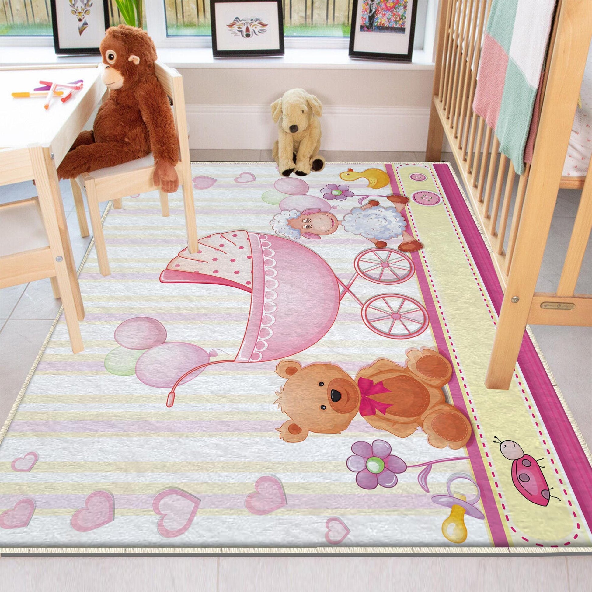 Round Pink Bear Lamb Nursery Room Rug, Cute Animal Rug Gift For Kid, Baby Shower Girl Kids Room Gift, Kids Room Decor with pillow case gift