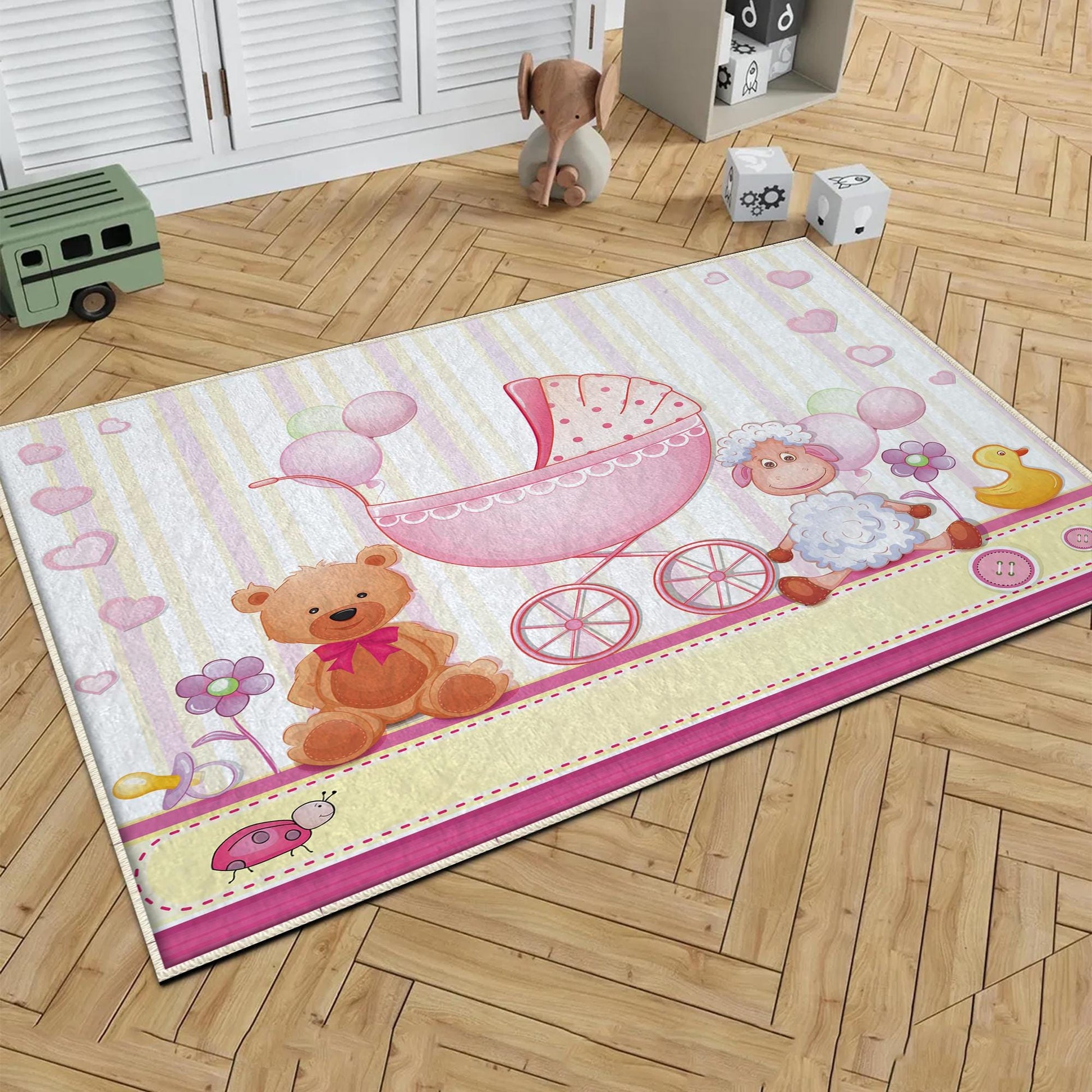 Round Pink Bear Lamb Nursery Room Rug, Cute Animal Rug Gift For Kid, Baby Shower Girl Kids Room Gift, Kids Room Decor with pillow case gift