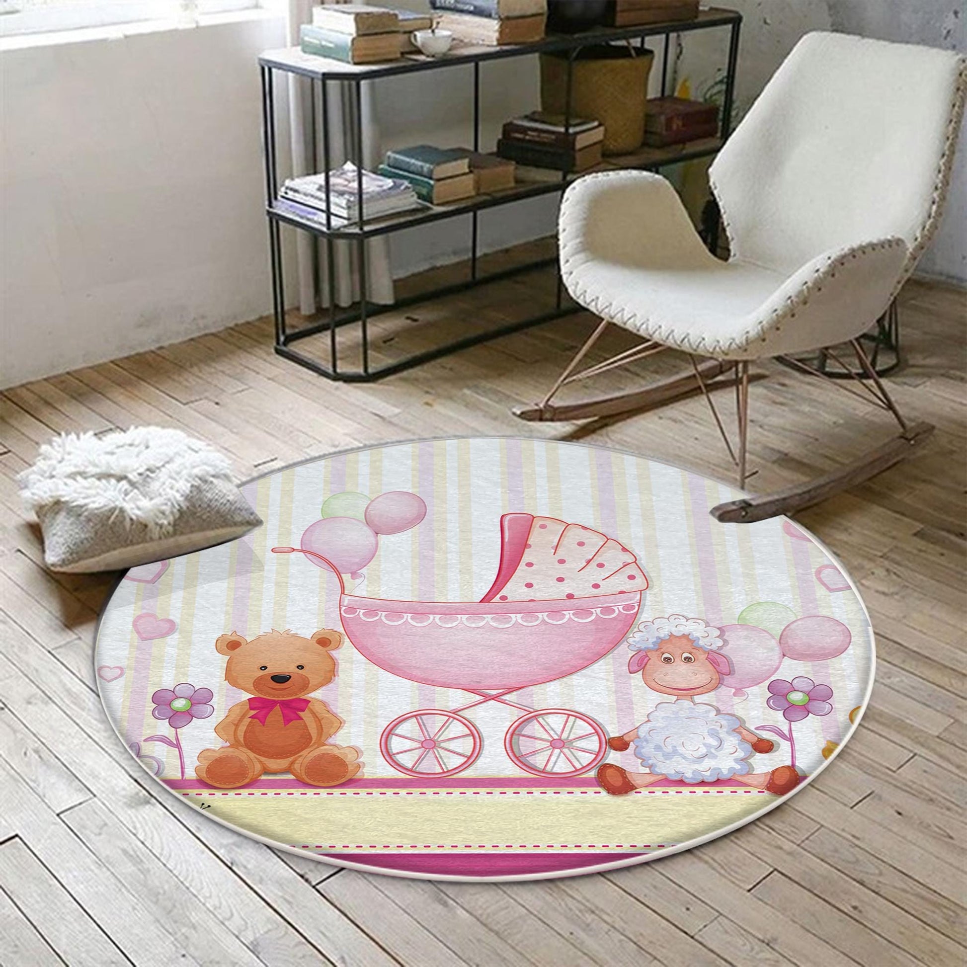 Round Pink Bear Lamb Nursery Room Rug, Cute Animal Rug Gift For Kid, Baby Shower Girl Kids Room Gift, Kids Room Decor with pillow case gift