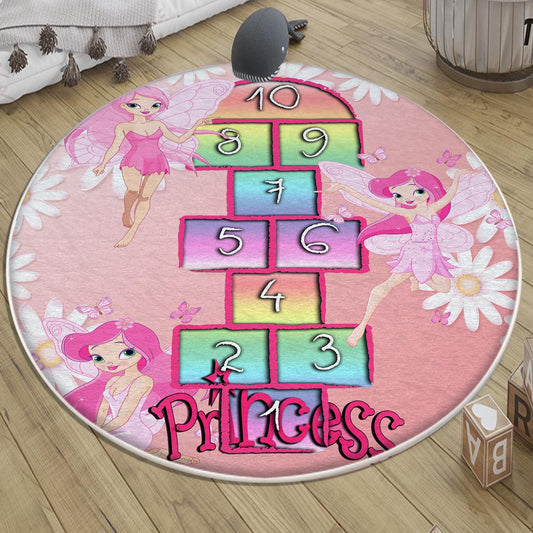 Round Pink Hopscotch Fairy Girls Kids Room Rug, Cute Play Rug Gift For Kid, Girl Kids Room Gift, Kids Room Decor with pillow case gift