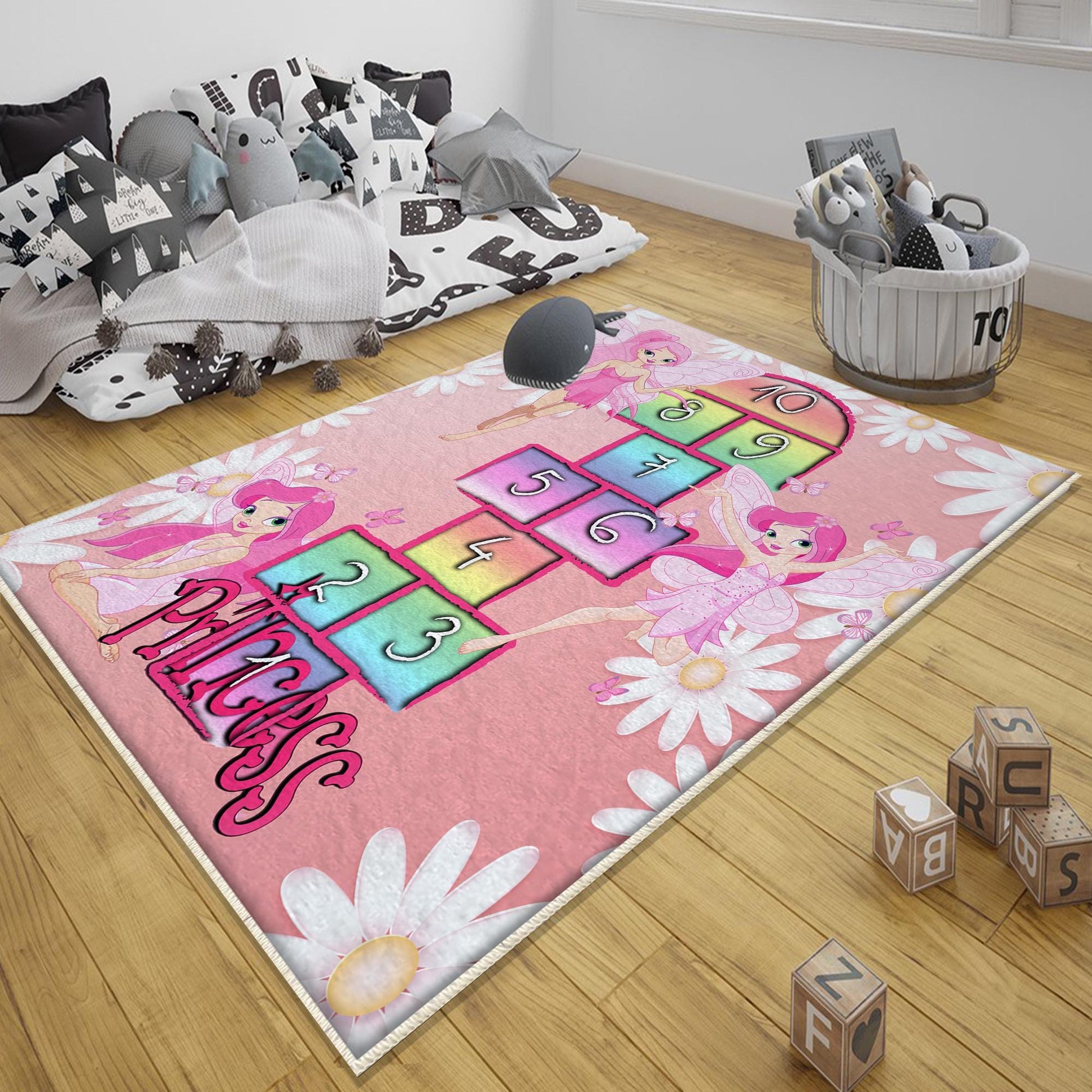 Round Pink Hopscotch Fairy Girls Kids Room Rug, Cute Play Rug Gift For Kid, Girl Kids Room Gift, Kids Room Decor with pillow case gift