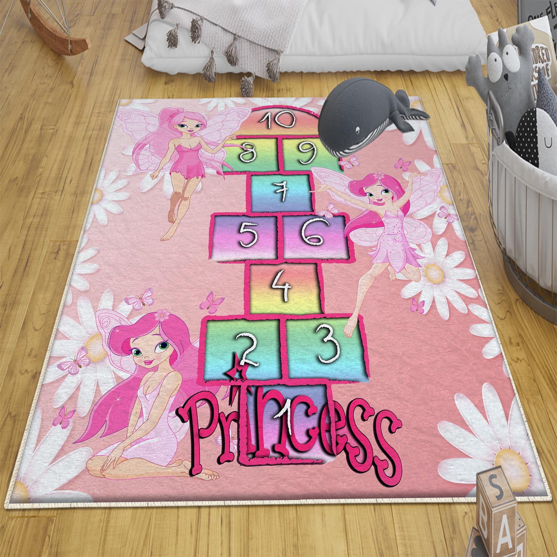 Round Pink Hopscotch Fairy Girls Kids Room Rug, Cute Play Rug Gift For Kid, Girl Kids Room Gift, Kids Room Decor with pillow case gift