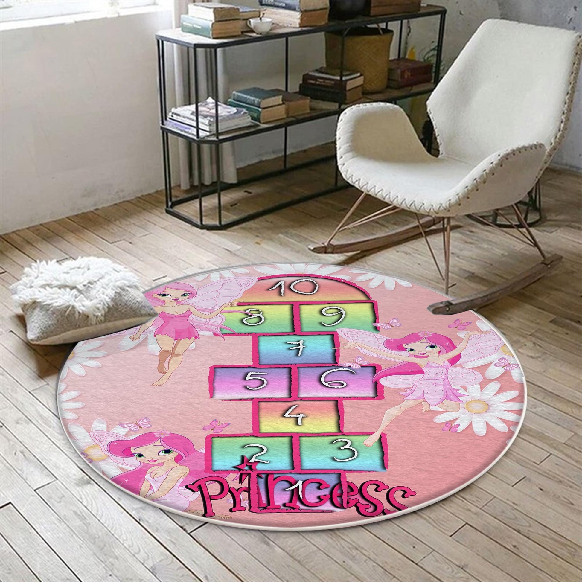Round Pink Hopscotch Fairy Girls Kids Room Rug, Cute Play Rug Gift For Kid, Girl Kids Room Gift, Kids Room Decor with pillow case gift