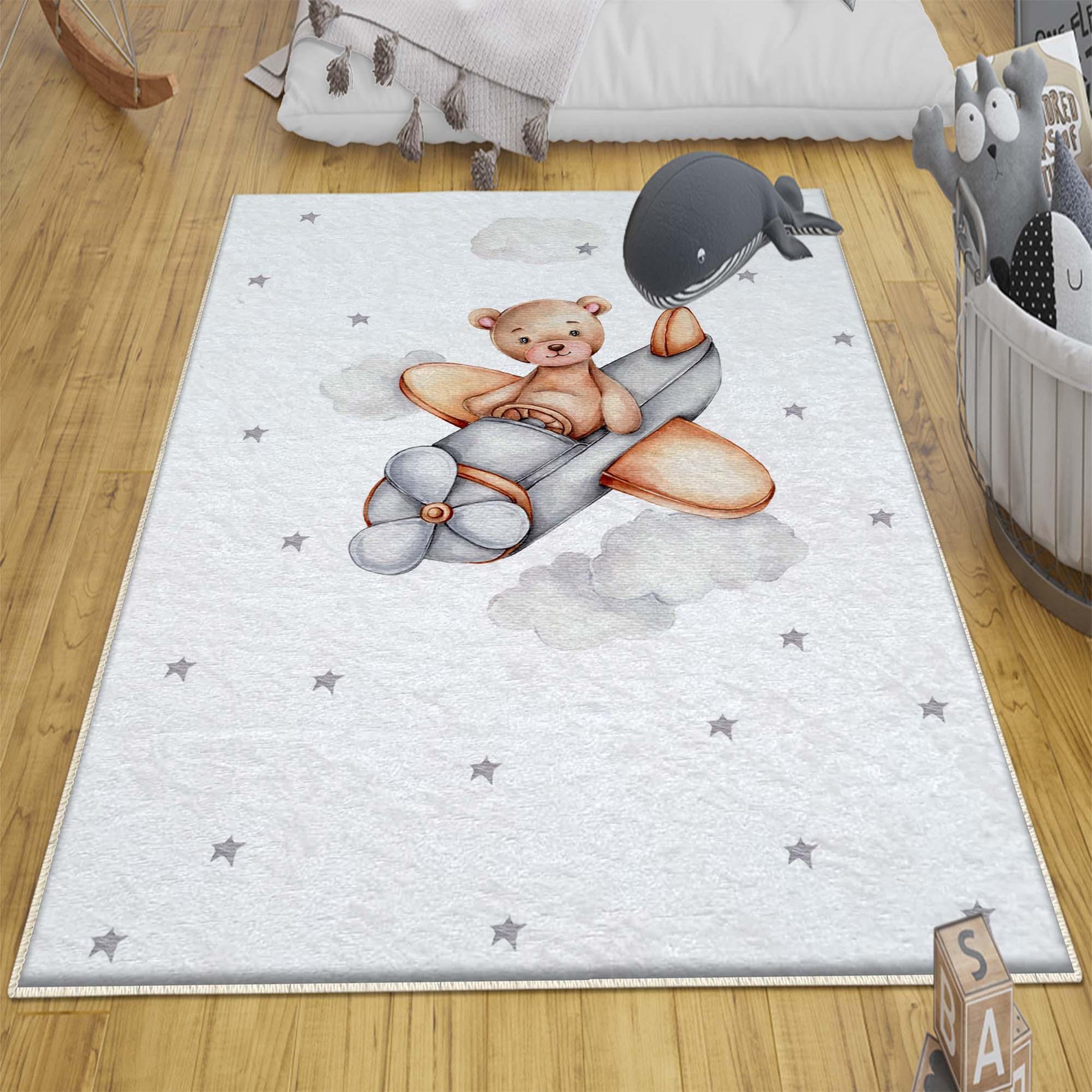 Round Bear Pilot Planet Kids Nursery Room Rug, Cute Playground Rug Gift For Kid, Kids Room Gift, Baby Kids Room Decor with pillow case gift