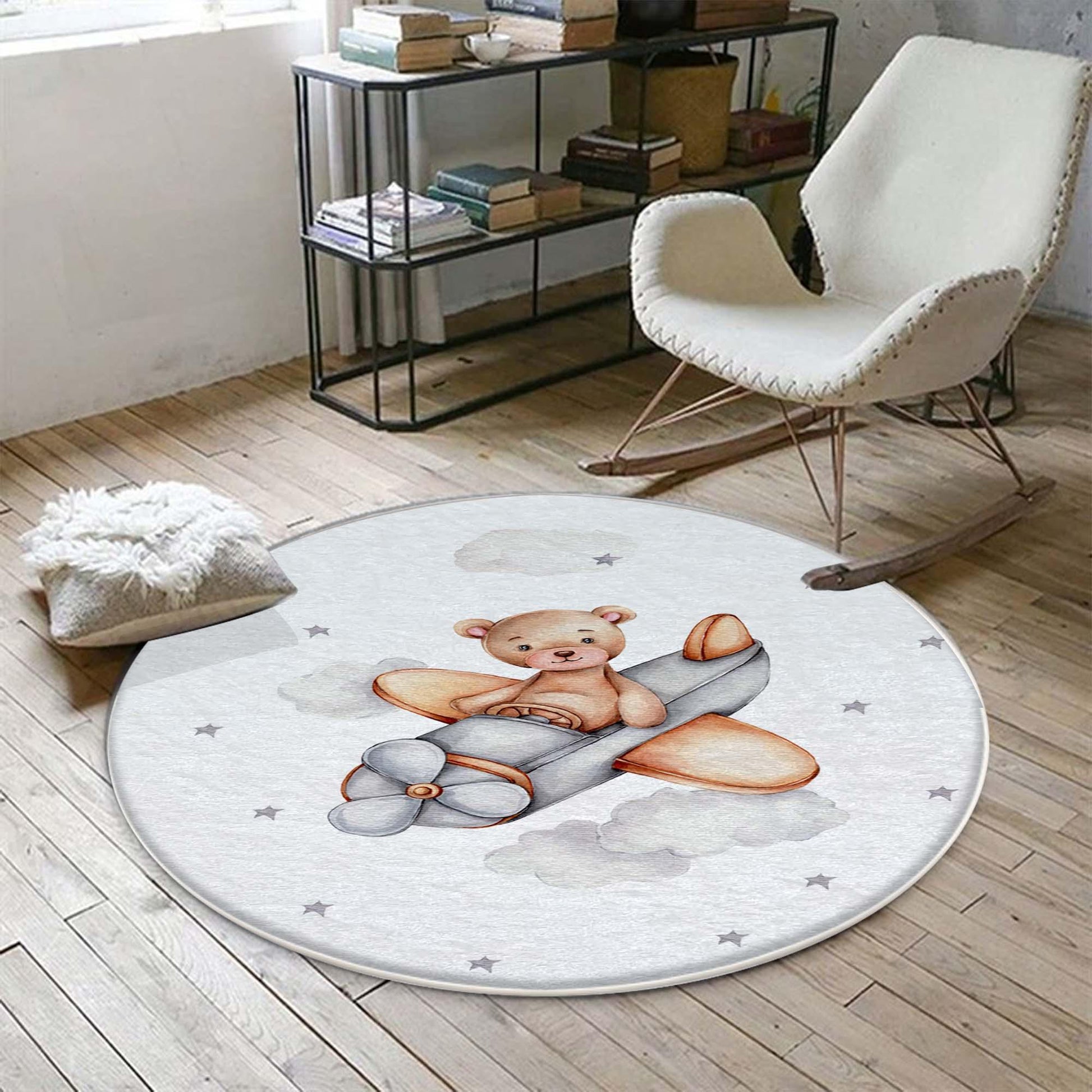 Round Bear Pilot Planet Kids Nursery Room Rug, Cute Playground Rug Gift For Kid, Kids Room Gift, Baby Kids Room Decor with pillow case gift
