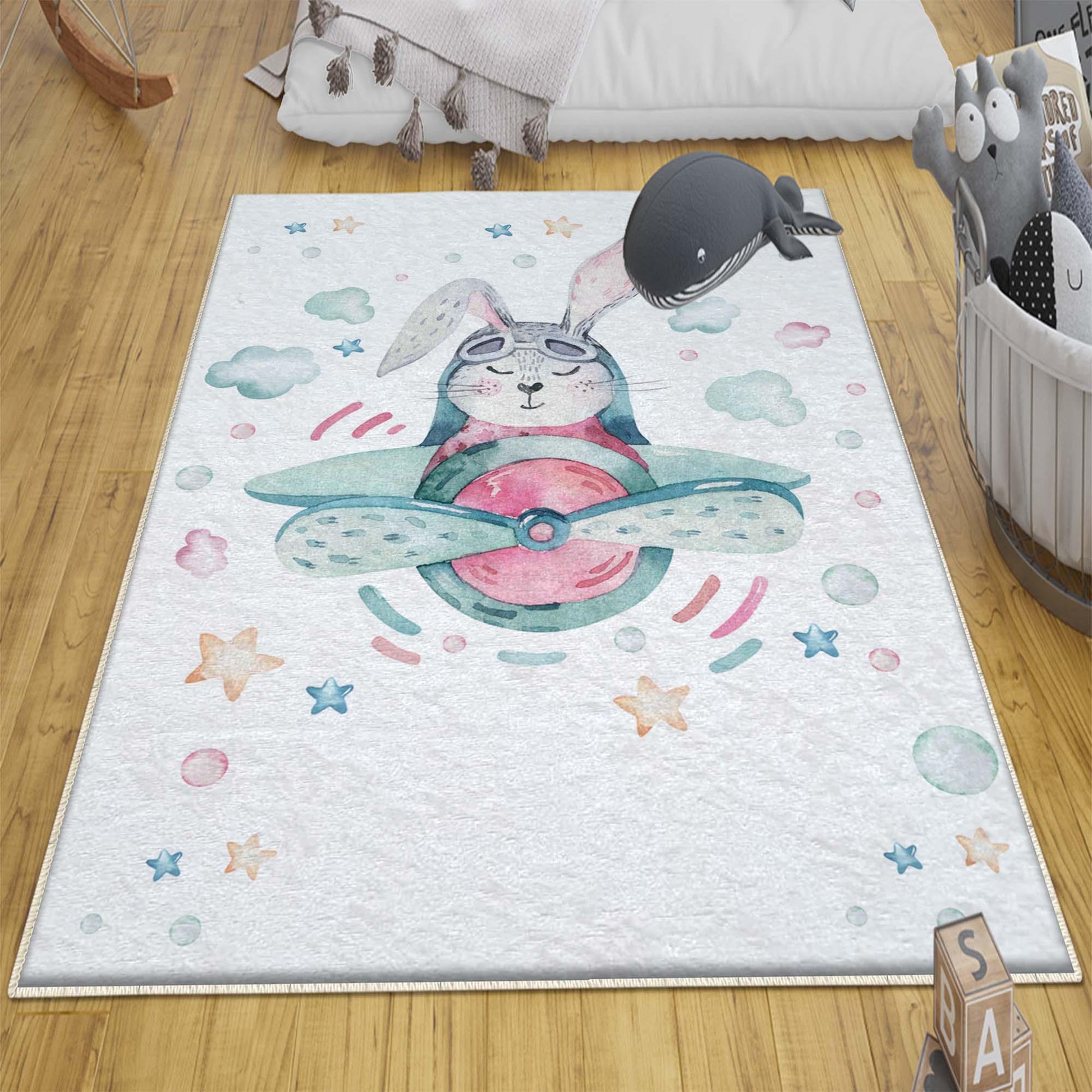 Round Bunny Pilot Plane Nursery Room Rug, Cute Rabit Playroom Rug Gift For Kid, Kids Room Gift, Baby Kids Room Decor with pillow case gift