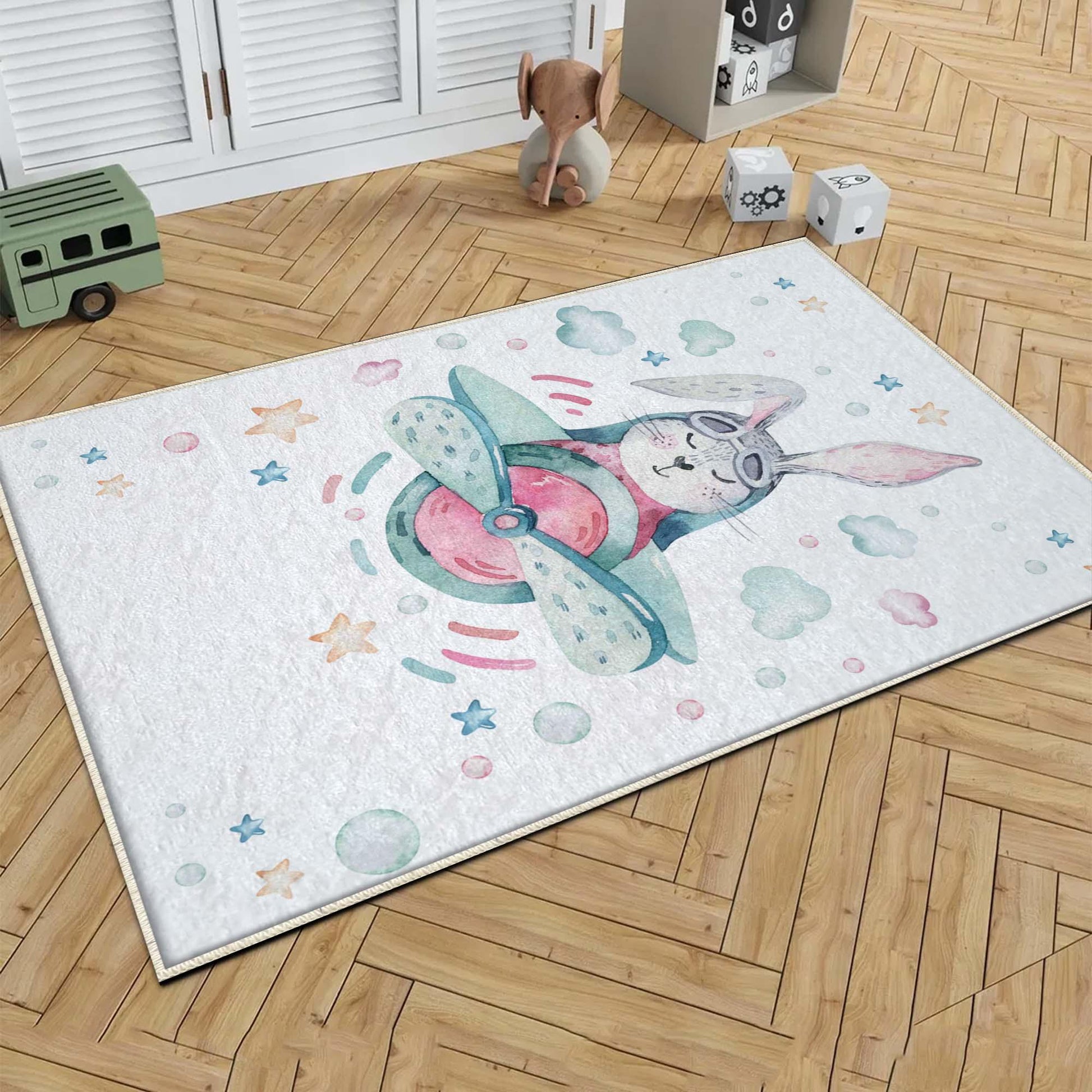 Round Bunny Pilot Plane Nursery Room Rug, Cute Rabit Playroom Rug Gift For Kid, Kids Room Gift, Baby Kids Room Decor with pillow case gift