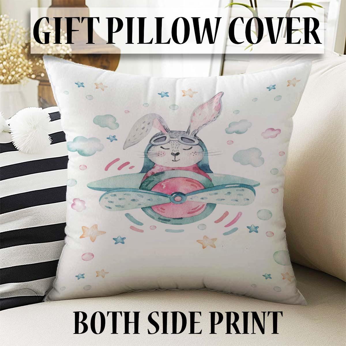 Round Bunny Pilot Plane Nursery Room Rug, Cute Rabit Playroom Rug Gift For Kid, Kids Room Gift, Baby Kids Room Decor with pillow case gift