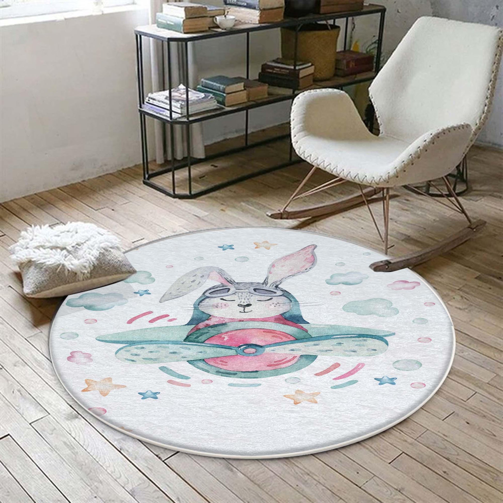 Round Bunny Pilot Plane Nursery Room Rug, Cute Rabit Playroom Rug Gift For Kid, Kids Room Gift, Baby Kids Room Decor with pillow case gift