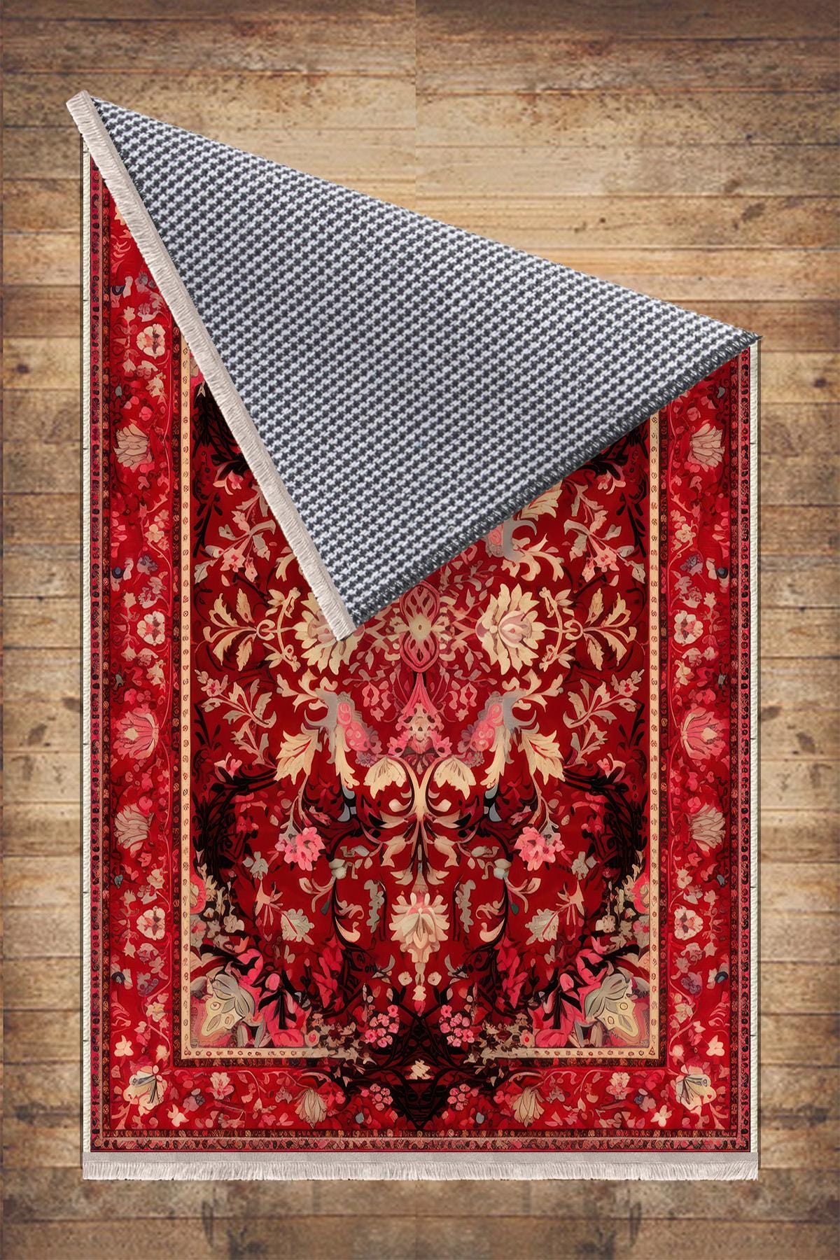 Persian Vintage Style Rug, Red Burgundy Turkish Ottoman Carpet, Soft Textured Kitchen Runner, Bohemian Area Rug for Living Room Bedroom