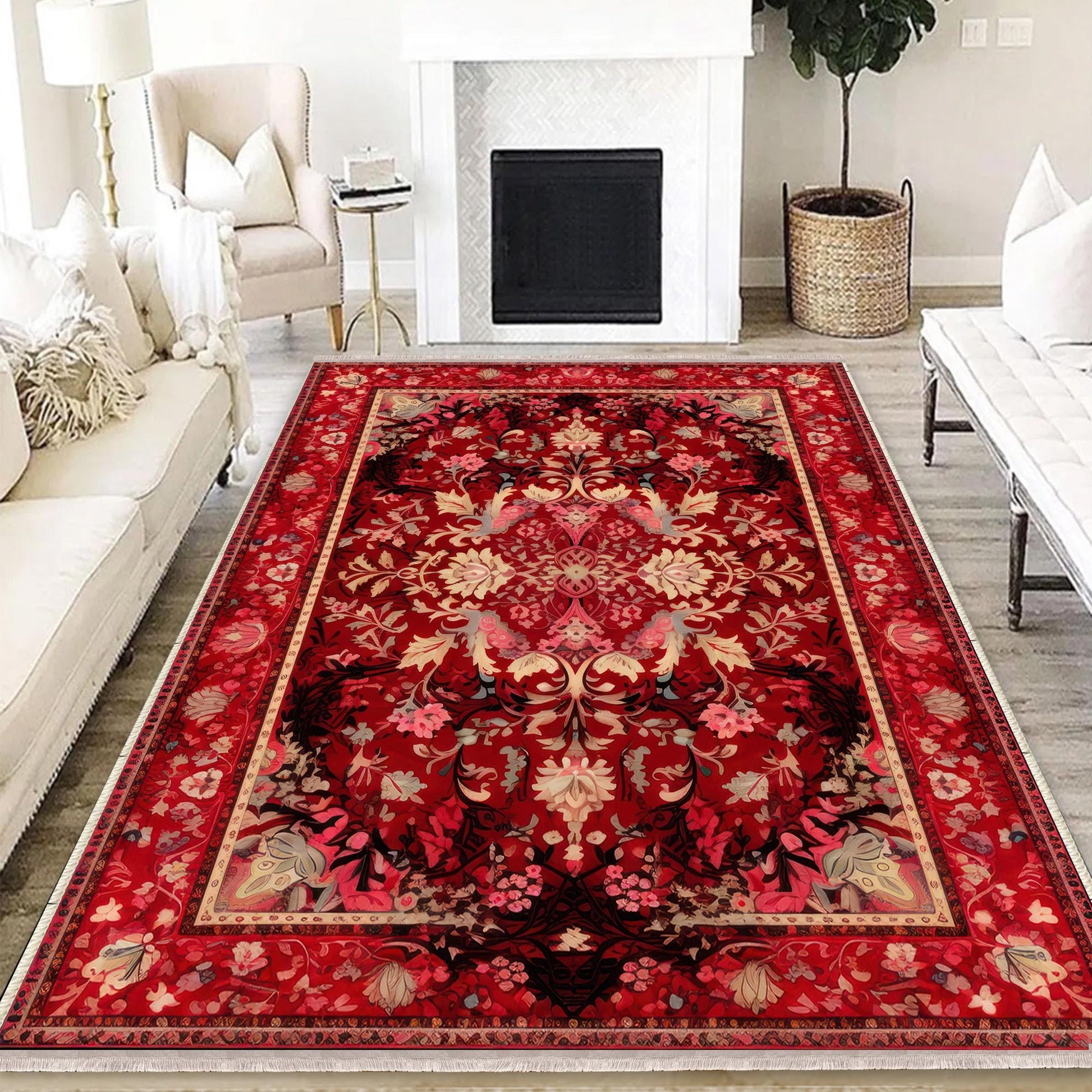 Persian Vintage Style Rug, Red Burgundy Turkish Ottoman Carpet, Soft Textured Kitchen Runner, Bohemian Area Rug for Living Room Bedroom
