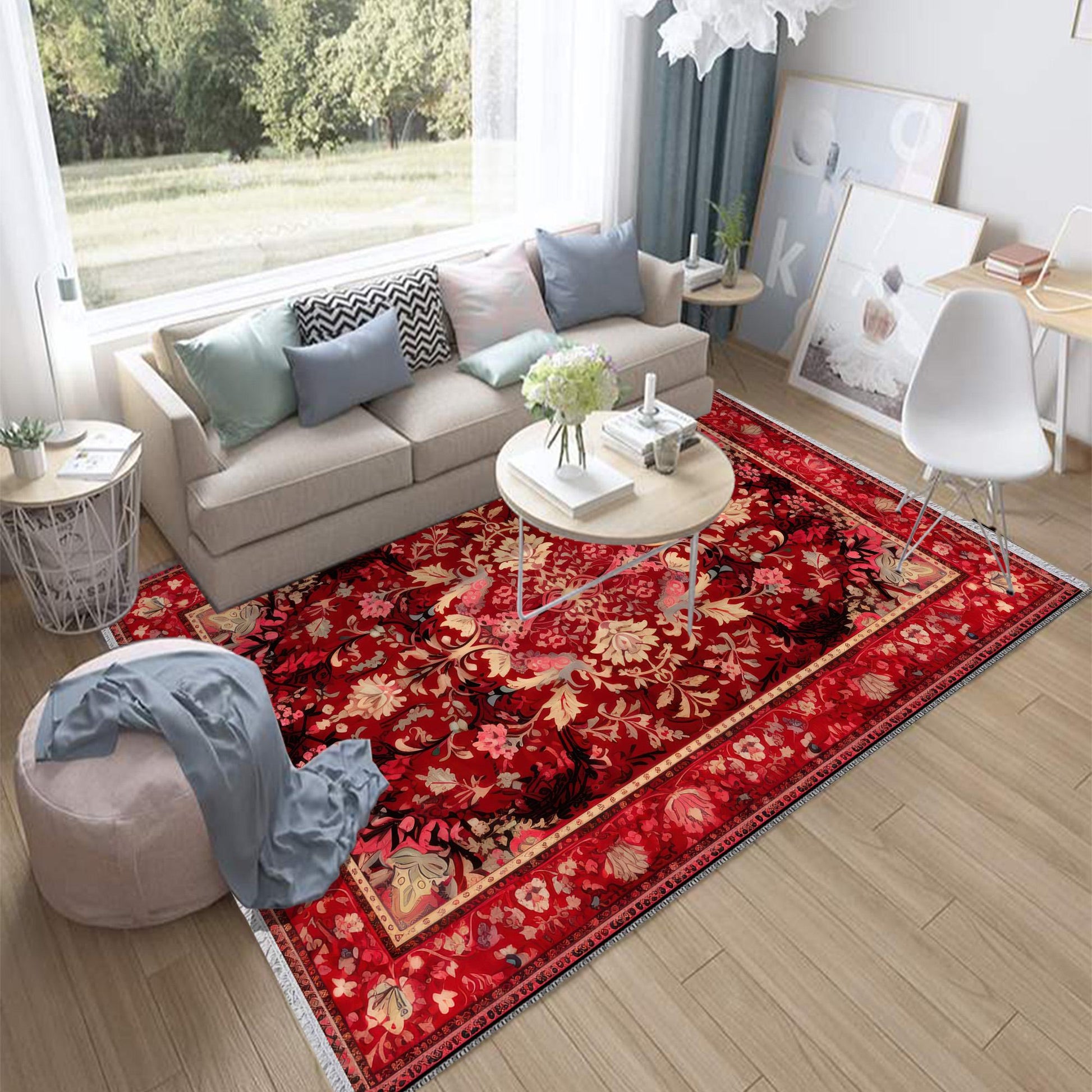 Persian Vintage Style Rug, Red Burgundy Turkish Ottoman Carpet, Soft Textured Kitchen Runner, Bohemian Area Rug for Living Room Bedroom