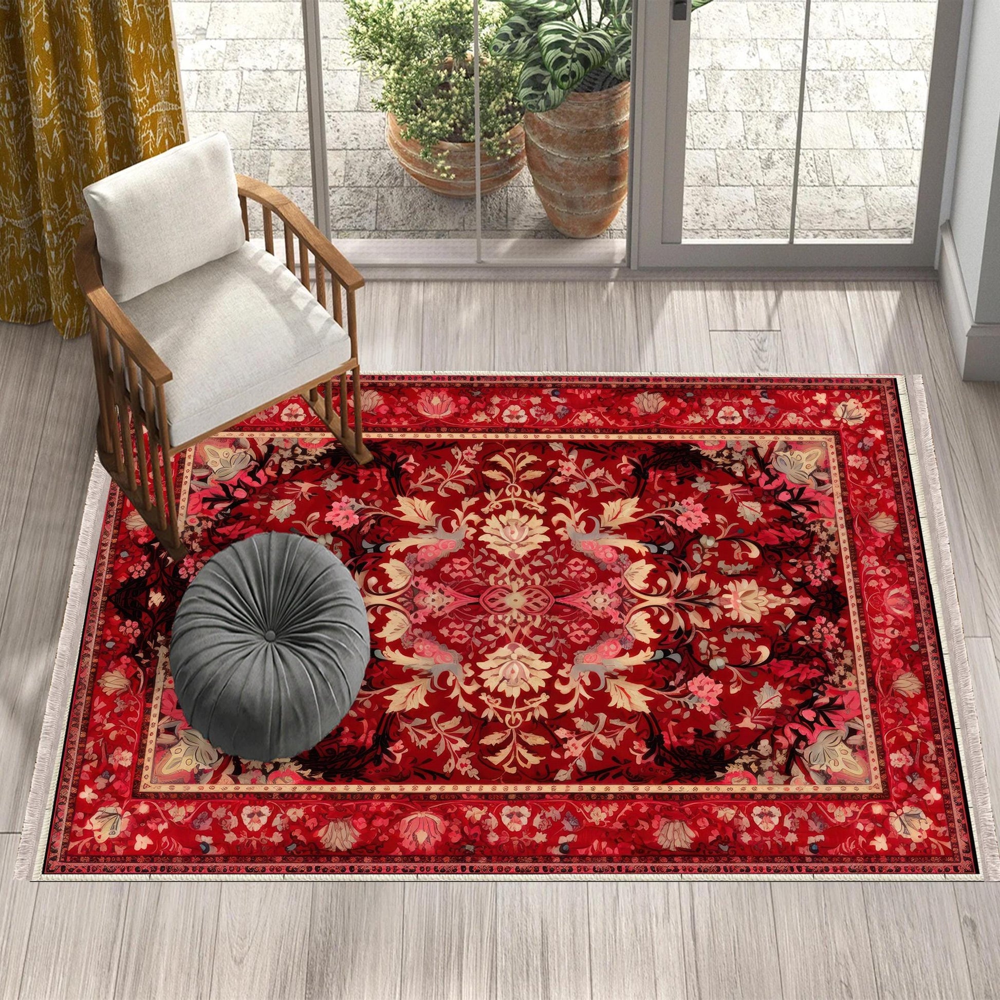 Persian Vintage Style Rug, Red Burgundy Turkish Ottoman Carpet, Soft Textured Kitchen Runner, Bohemian Area Rug for Living Room Bedroom