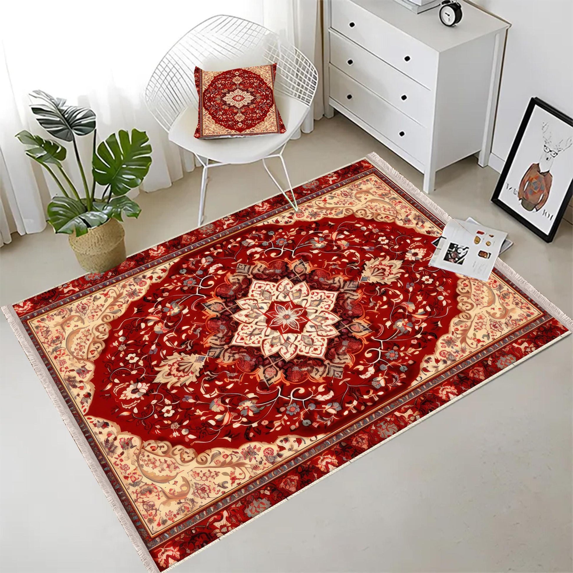 Persian Vintage Style Rug, Red Brown Turkish Ottoman Carpet, Soft Textured Kitchen Runner, Bohemian Area Rug for Living Room Bedroom