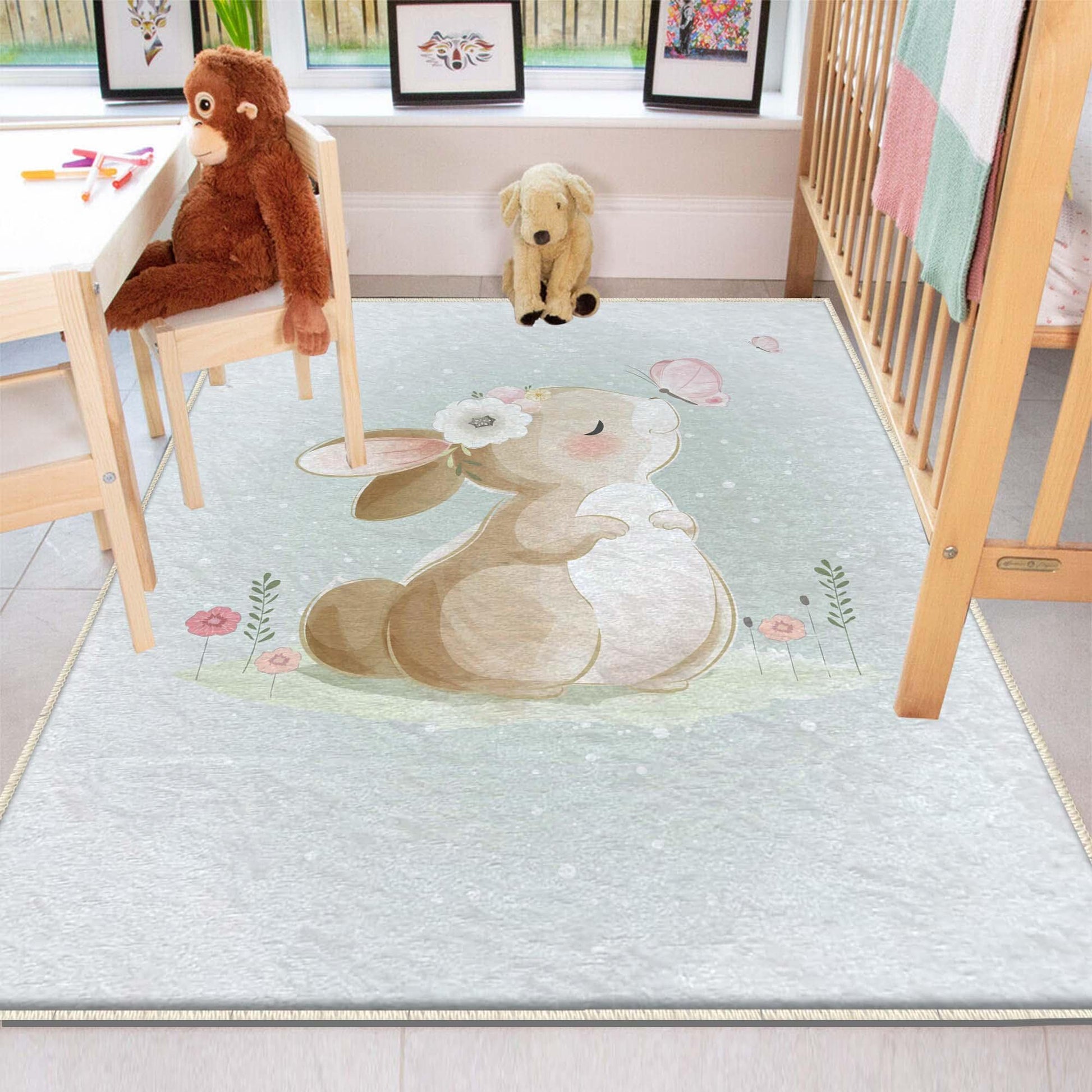 Round Rabbit Bunny Kids Nursery Room Rug, Cute Animal Rug Gift For Kid, Baby Shower Kids Room Gift, Kids Room Decor with pillow case gift