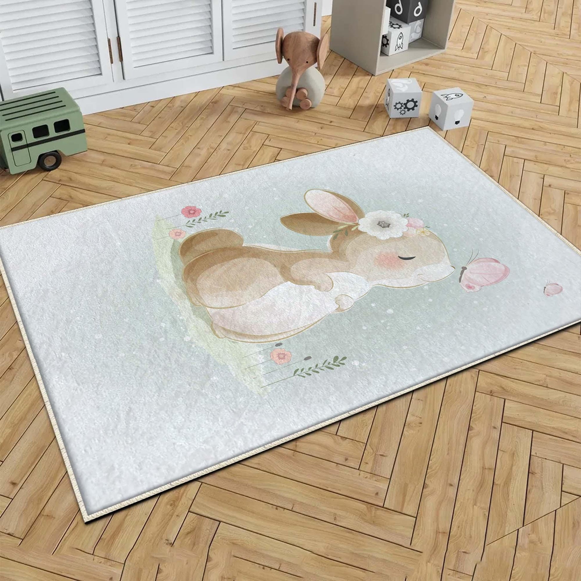 Round Rabbit Bunny Kids Nursery Room Rug, Cute Animal Rug Gift For Kid, Baby Shower Kids Room Gift, Kids Room Decor with pillow case gift