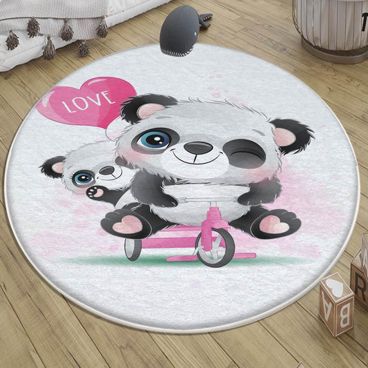 Round Panda Pink Bicycle Kids Baby Nursery Room Rug, Animal Rug Gift For Girl Kid, Kids Room Gift, Kids Room Decor with pillow case gift