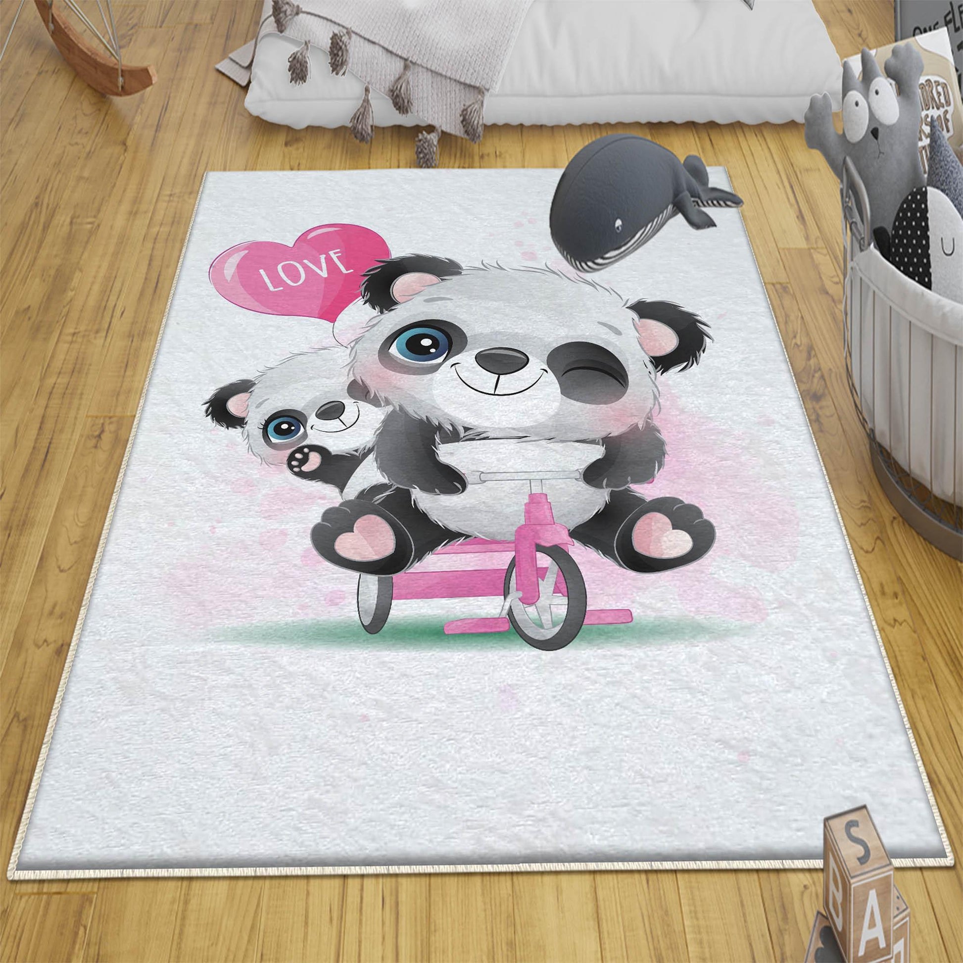 Round Panda Pink Bicycle Kids Baby Nursery Room Rug, Animal Rug Gift For Girl Kid, Kids Room Gift, Kids Room Decor with pillow case gift