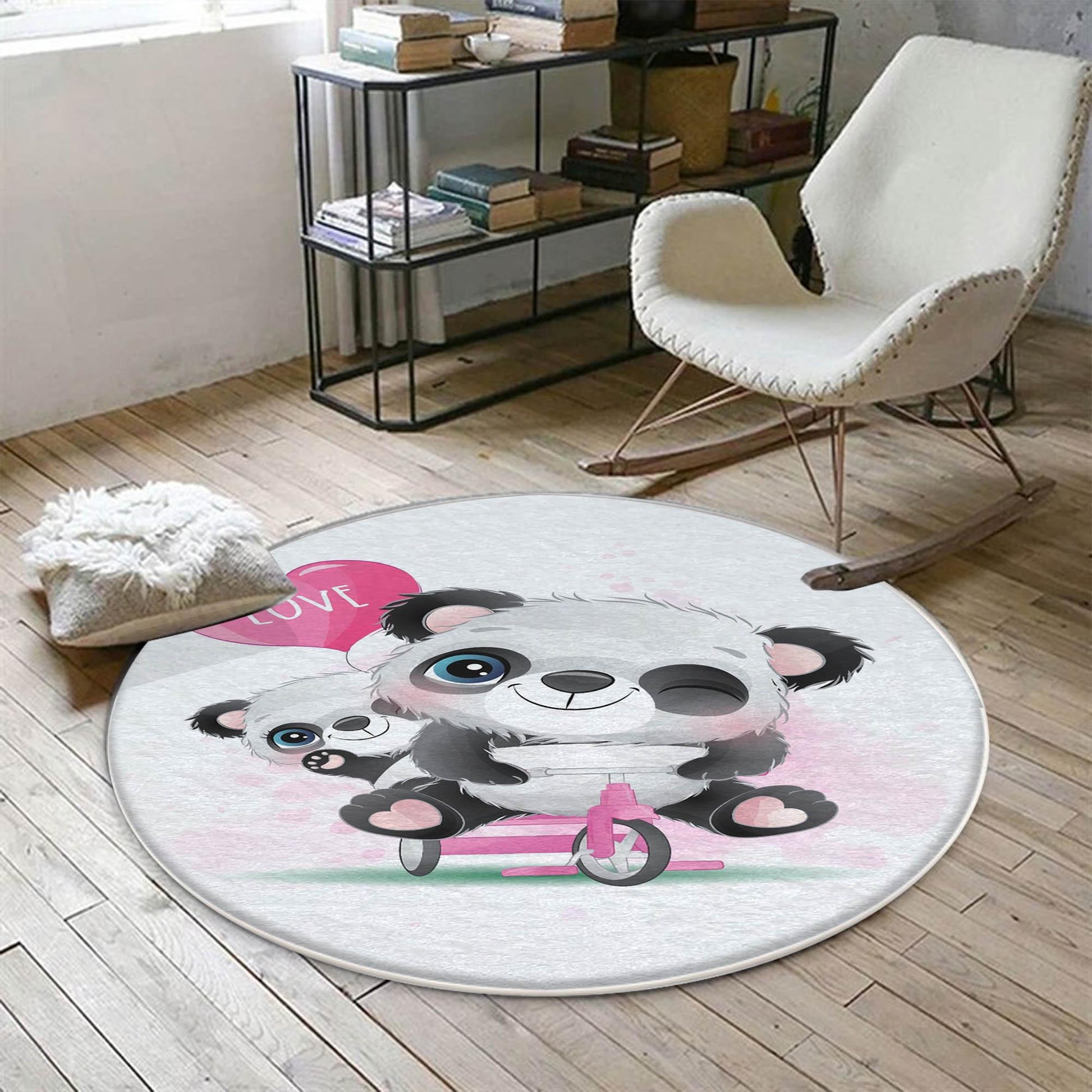 Round Panda Pink Bicycle Kids Baby Nursery Room Rug, Animal Rug Gift For Girl Kid, Kids Room Gift, Kids Room Decor with pillow case gift