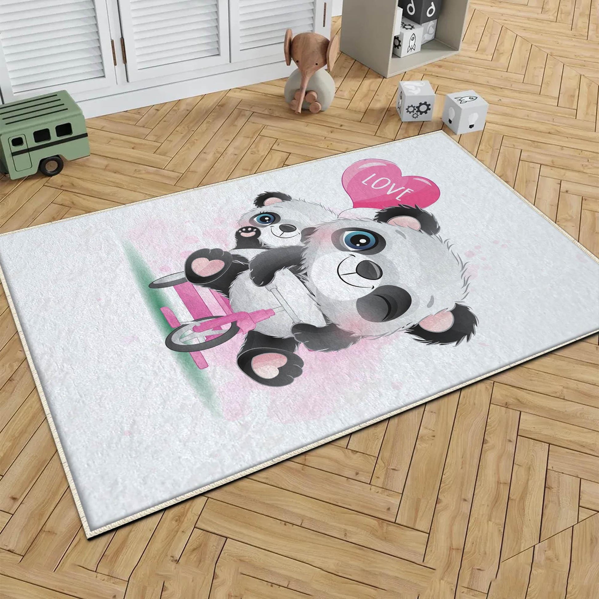 Round Panda Pink Bicycle Kids Baby Nursery Room Rug, Animal Rug Gift For Girl Kid, Kids Room Gift, Kids Room Decor with pillow case gift