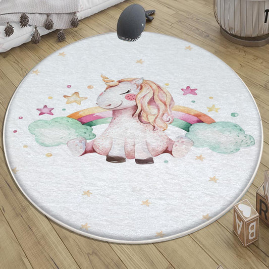 Round Unicorn Horse Rainbow Clouds Kids Baby Nursery Room Rug, Rug Gift For Girl Kids, Kids Room Gift, Kids Room Decor with pillow case gift