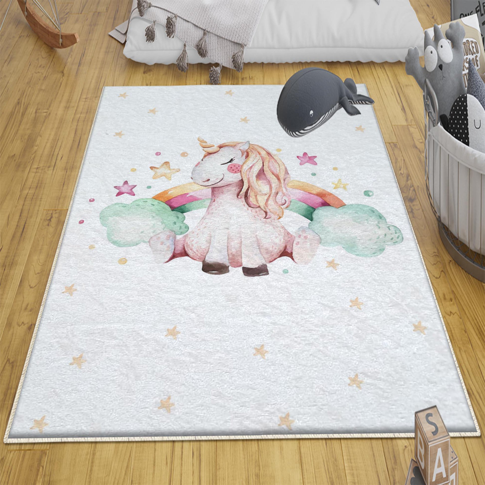 Round Unicorn Horse Rainbow Clouds Kids Baby Nursery Room Rug, Rug Gift For Girl Kids, Kids Room Gift, Kids Room Decor with pillow case gift