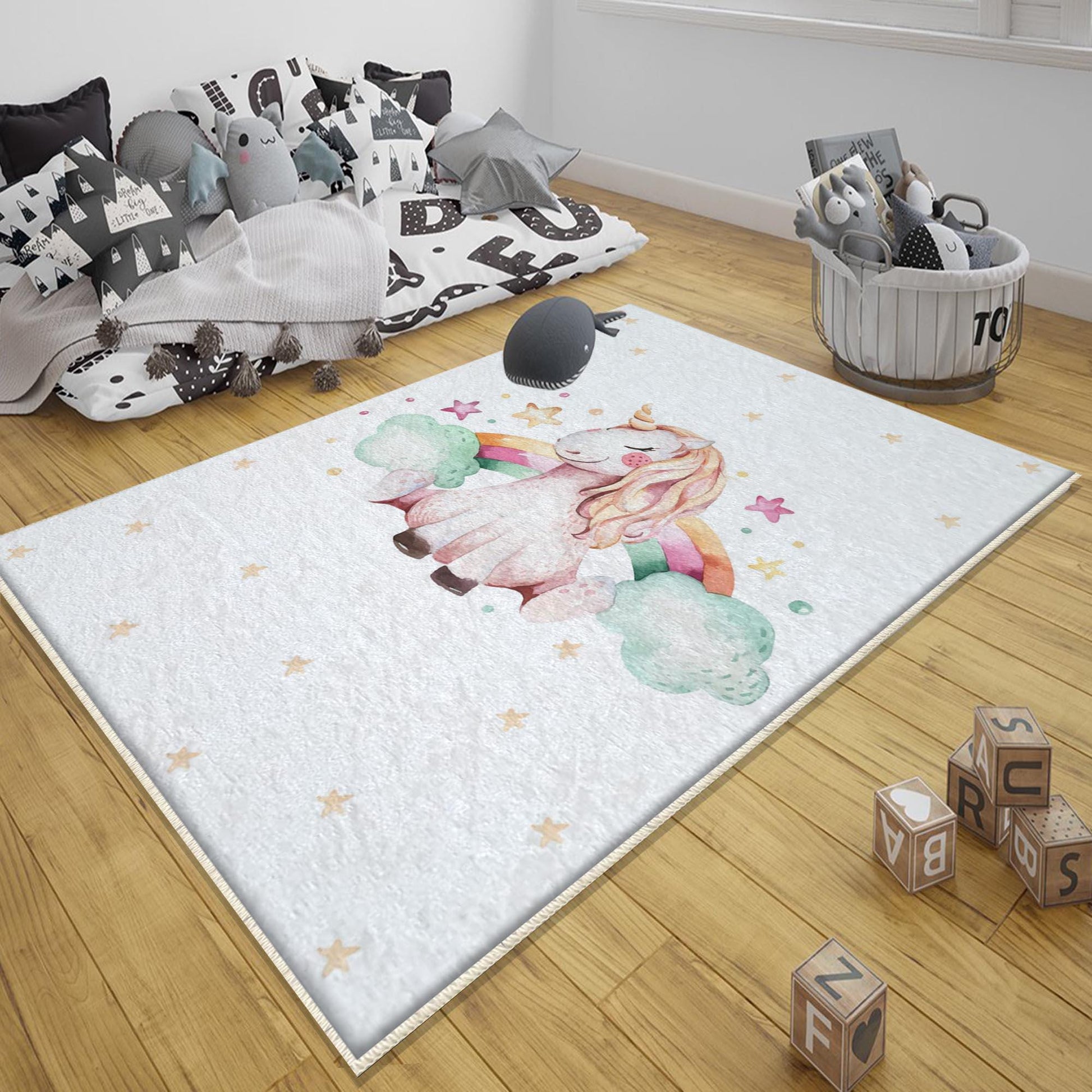 Round Unicorn Horse Rainbow Clouds Kids Baby Nursery Room Rug, Rug Gift For Girl Kids, Kids Room Gift, Kids Room Decor with pillow case gift