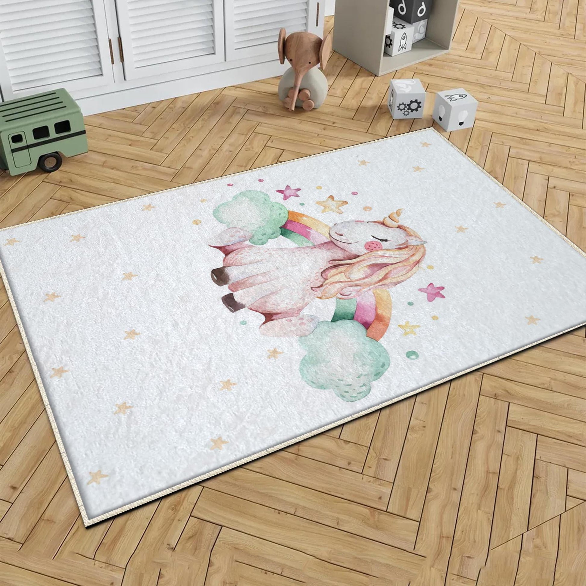 Round Unicorn Horse Rainbow Clouds Kids Baby Nursery Room Rug, Rug Gift For Girl Kids, Kids Room Gift, Kids Room Decor with pillow case gift