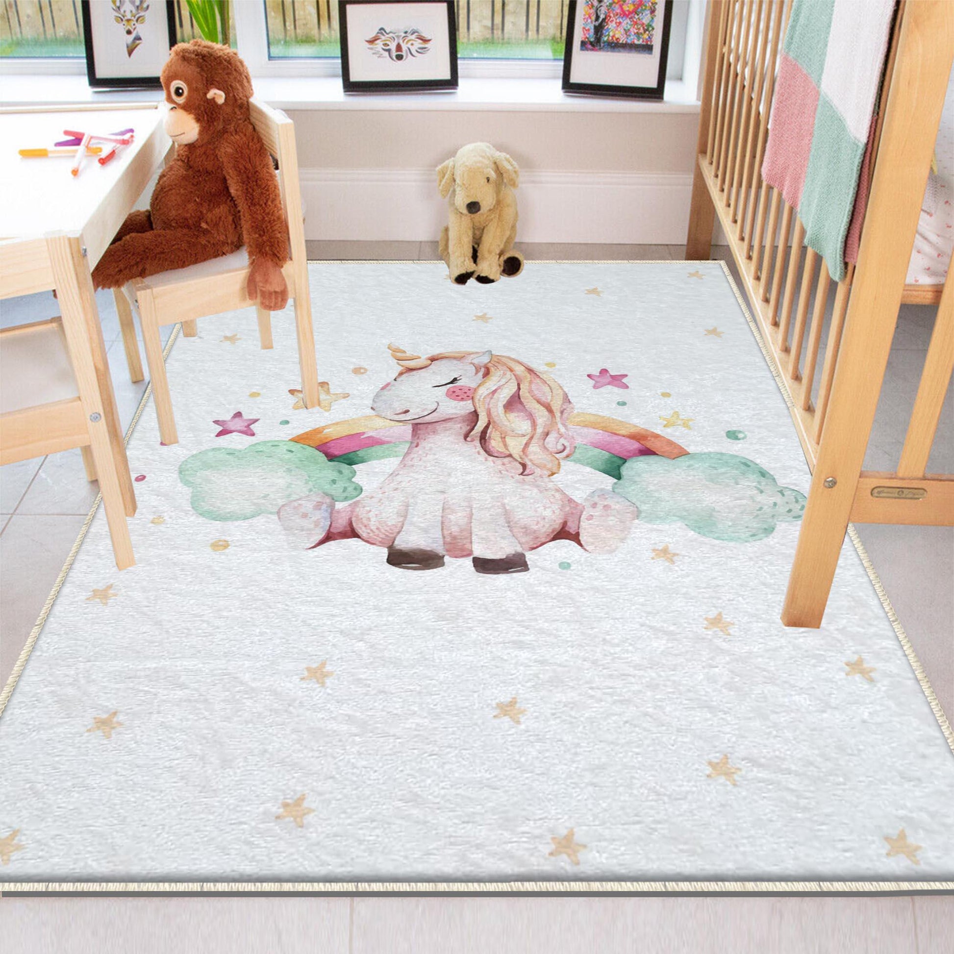 Round Unicorn Horse Rainbow Clouds Kids Baby Nursery Room Rug, Rug Gift For Girl Kids, Kids Room Gift, Kids Room Decor with pillow case gift
