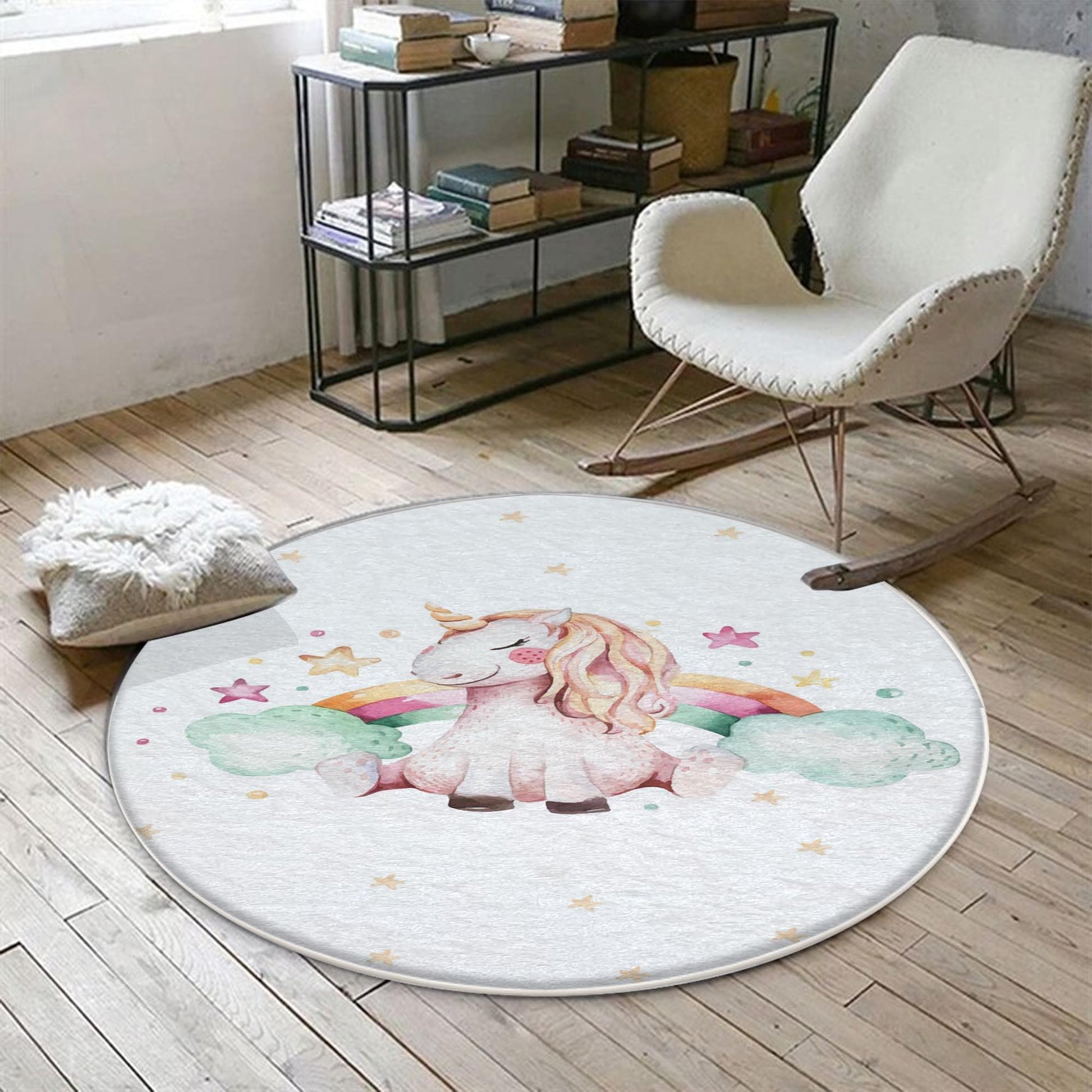 Round Unicorn Horse Rainbow Clouds Kids Baby Nursery Room Rug, Rug Gift For Girl Kids, Kids Room Gift, Kids Room Decor with pillow case gift