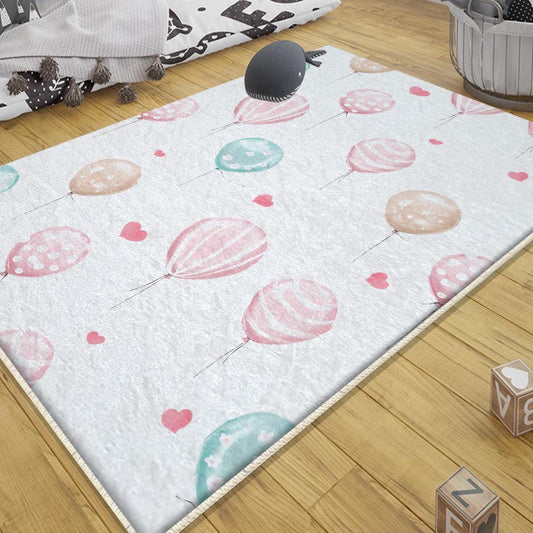 Girls Nursery Rug with Pink Hearts & Green Balloons, Cute Kids Room Decor Gift with Pillow Case, Baby Girl Room Accent Mat