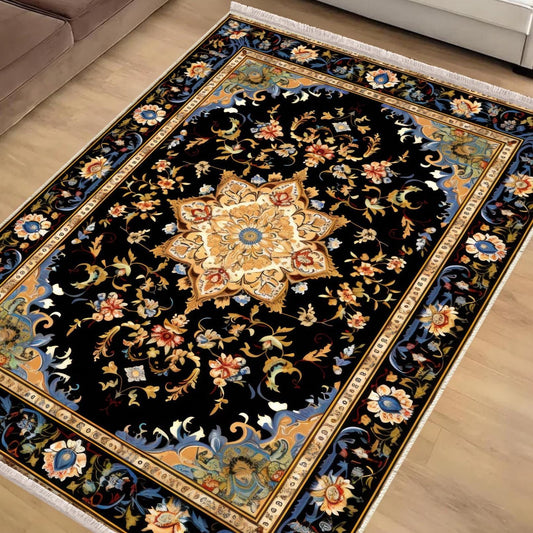 Persian Victorian Style Rug, Blue Black Turkish Ottoman Carpet, Soft Textured Kitchen Runner, Bohemian Area Rug for Living Room Bedroom