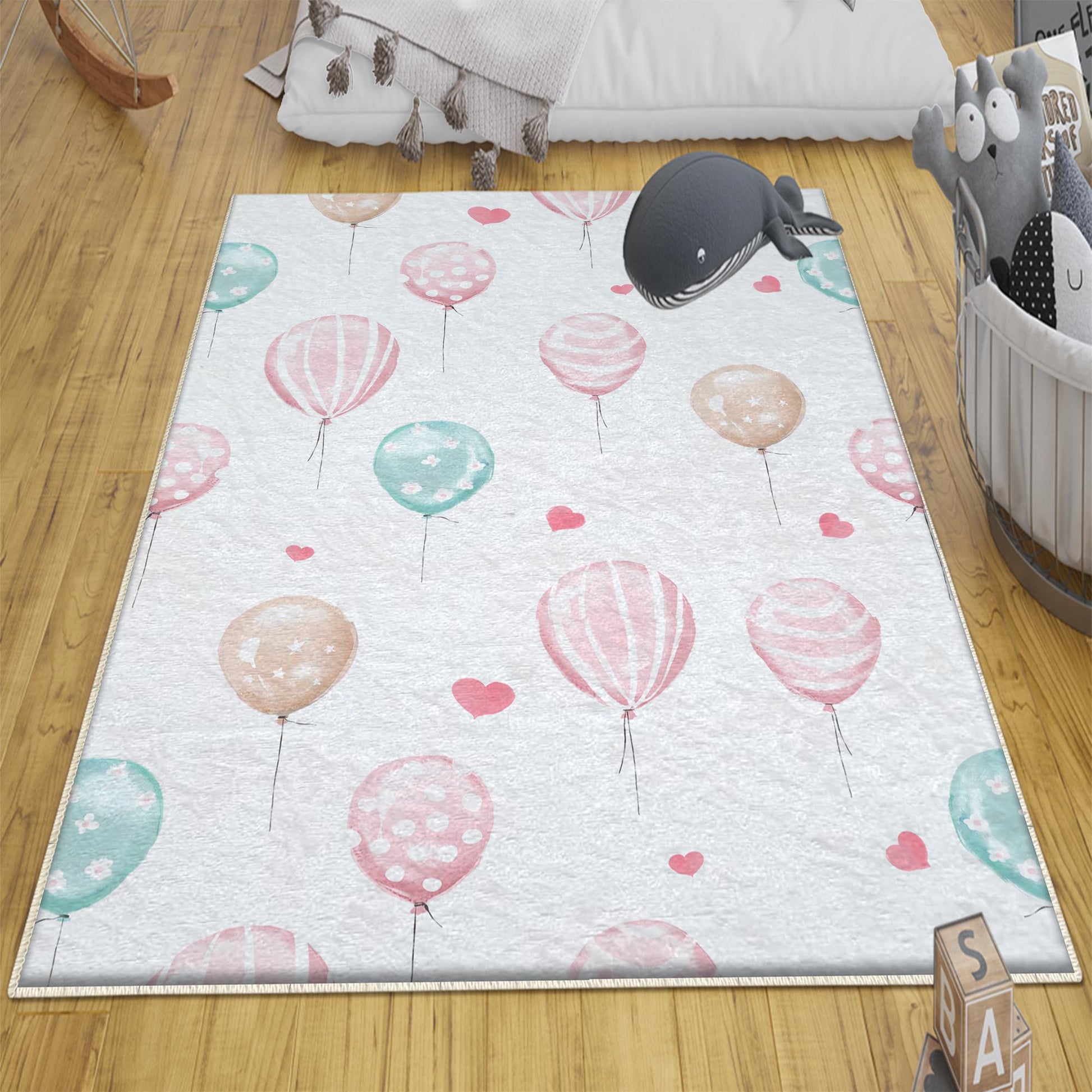 Round Colorful Pink Hearts Balloons Girls Nursery Room Rug, Cute Rug Gift For Kid, Girl Baby Room Gift, Kid Room Decor with pillow case gift