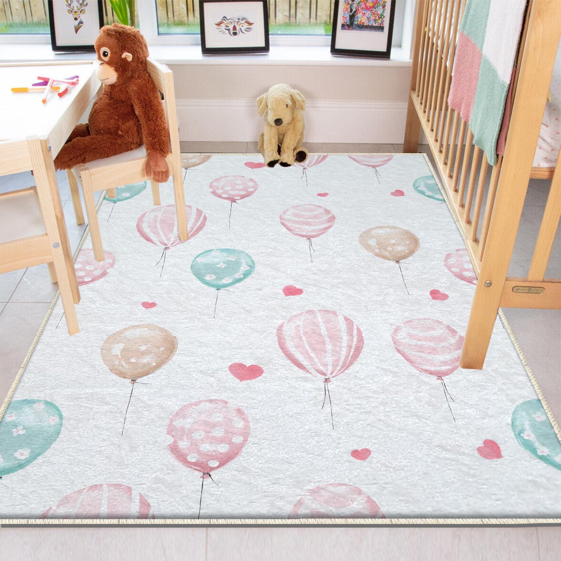 Round Colorful Pink Hearts Balloons Girls Nursery Room Rug, Cute Rug Gift For Kid, Girl Baby Room Gift, Kid Room Decor with pillow case gift