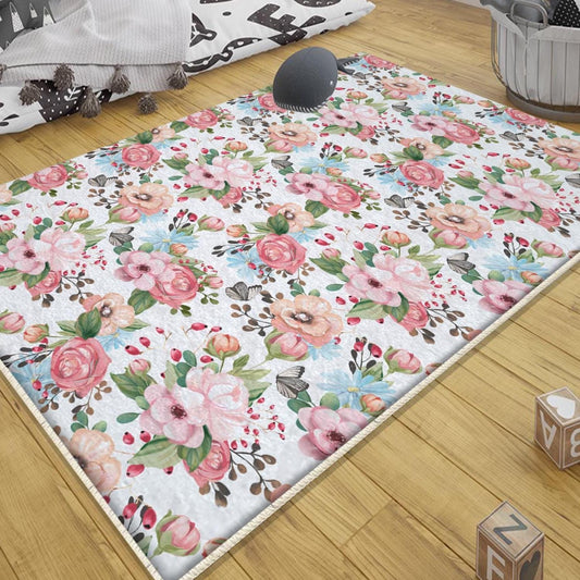 Floral Baby Nursery Rug with Colorful Flowers & Pillowcase, Cute Kid Room Decor, Girl Baby Gift, Soft Nursery Floor Mat for Toddler Room