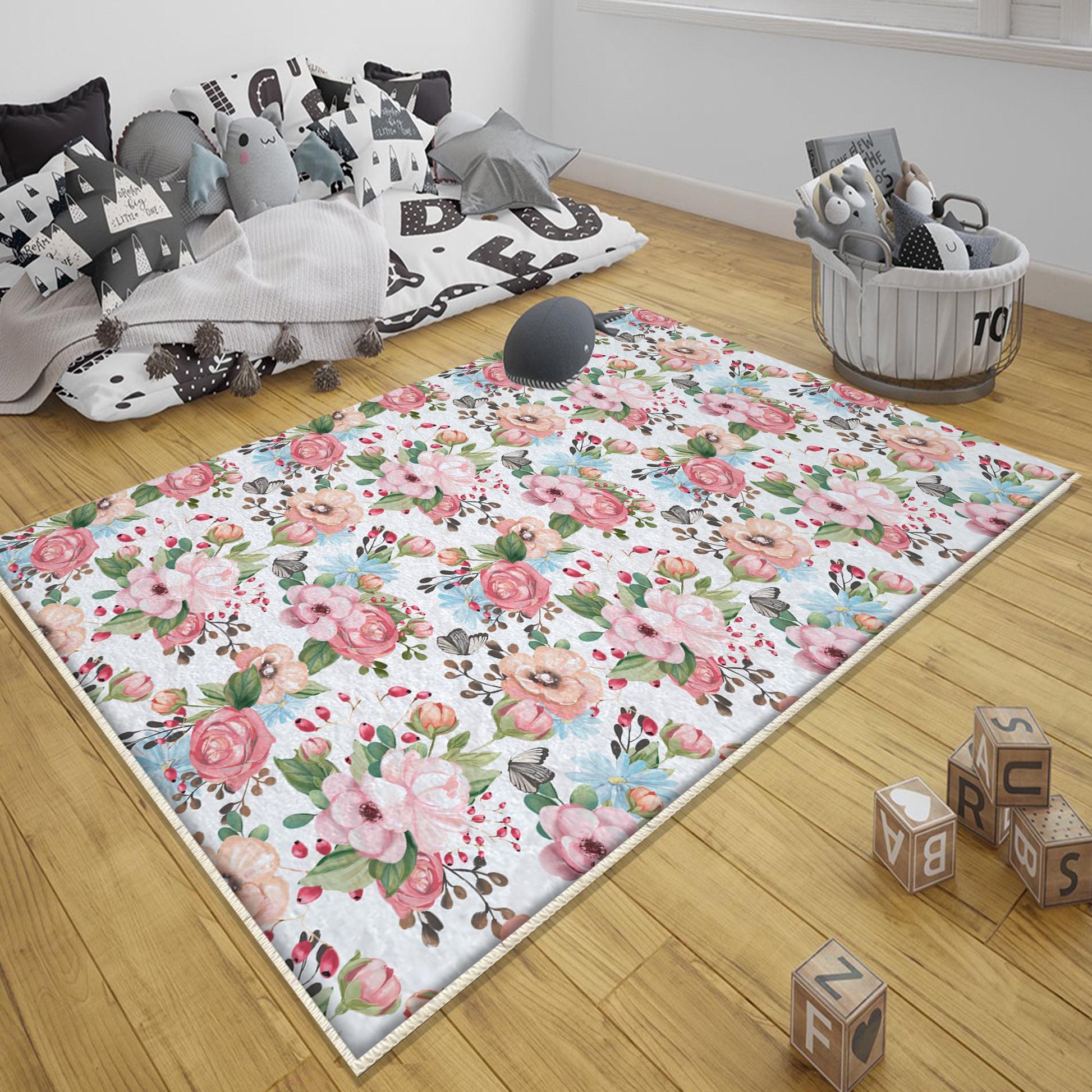 Round Colorful Flowers Floral Baby Nursery Room Rug, Cute Rug Gift For Kid, Girl Baby Room Gift, Kid Room Decor with pillow case gift