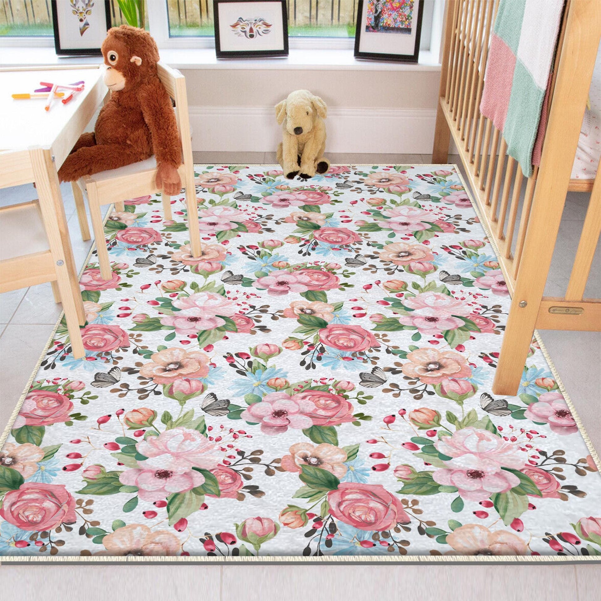 Round Colorful Flowers Floral Baby Nursery Room Rug, Cute Rug Gift For Kid, Girl Baby Room Gift, Kid Room Decor with pillow case gift