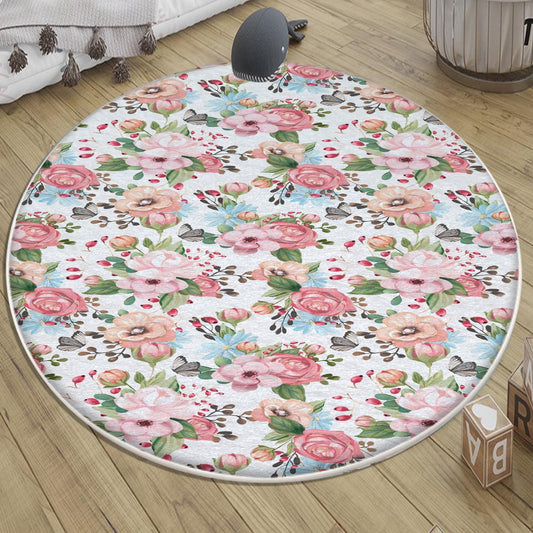 Round Colorful Flowers Floral Baby Nursery Room Rug, Cute Rug Gift For Kid, Girl Baby Room Gift, Kid Room Decor with pillow case gift