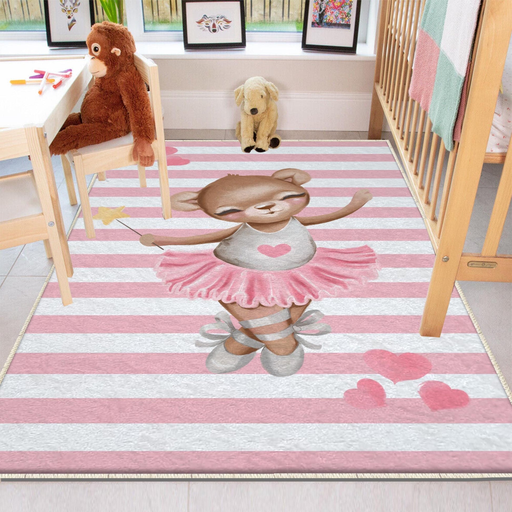 Pink Ballerina Bear Hearts Girl Nursery Room Rug, Cute Bear Rug Gift For Kid, Girl Baby Room Gift, Kid Room Decor with pillow case gift