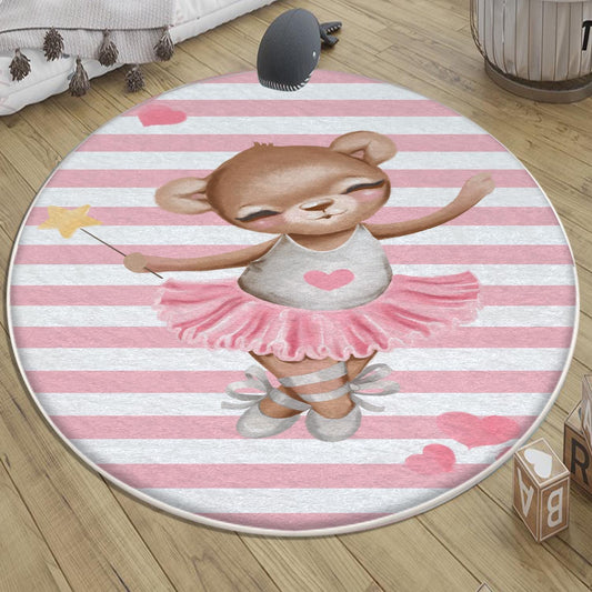 Round Pink Ballerina Bear Heart Girl Nursery Room Rug, Cute Bear Rug Gift For Kid, Girl Baby Room Gift, Kid Room Decor with pillow case gift