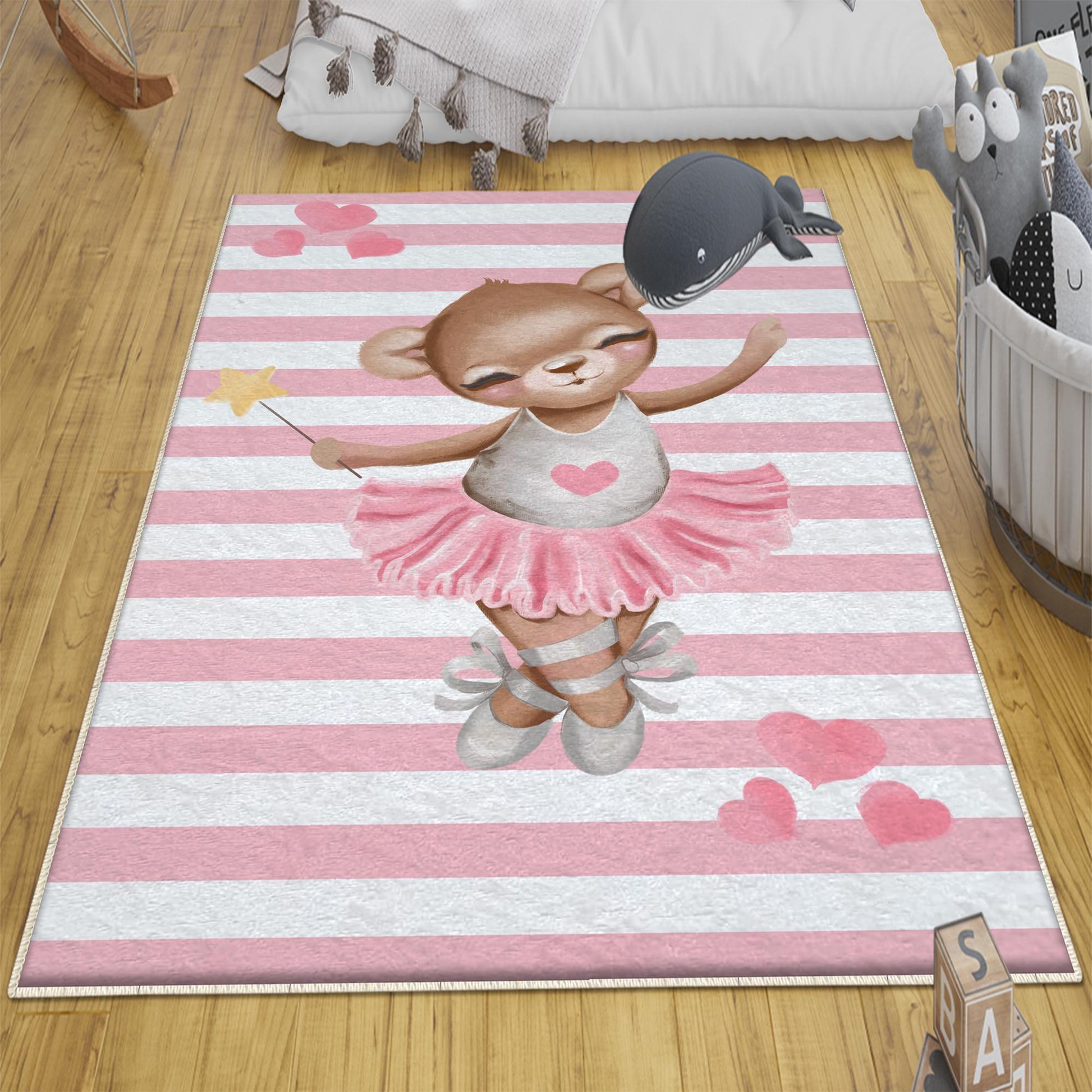 Round Pink Ballerina Bear Heart Girl Nursery Room Rug, Cute Bear Rug Gift For Kid, Girl Baby Room Gift, Kid Room Decor with pillow case gift