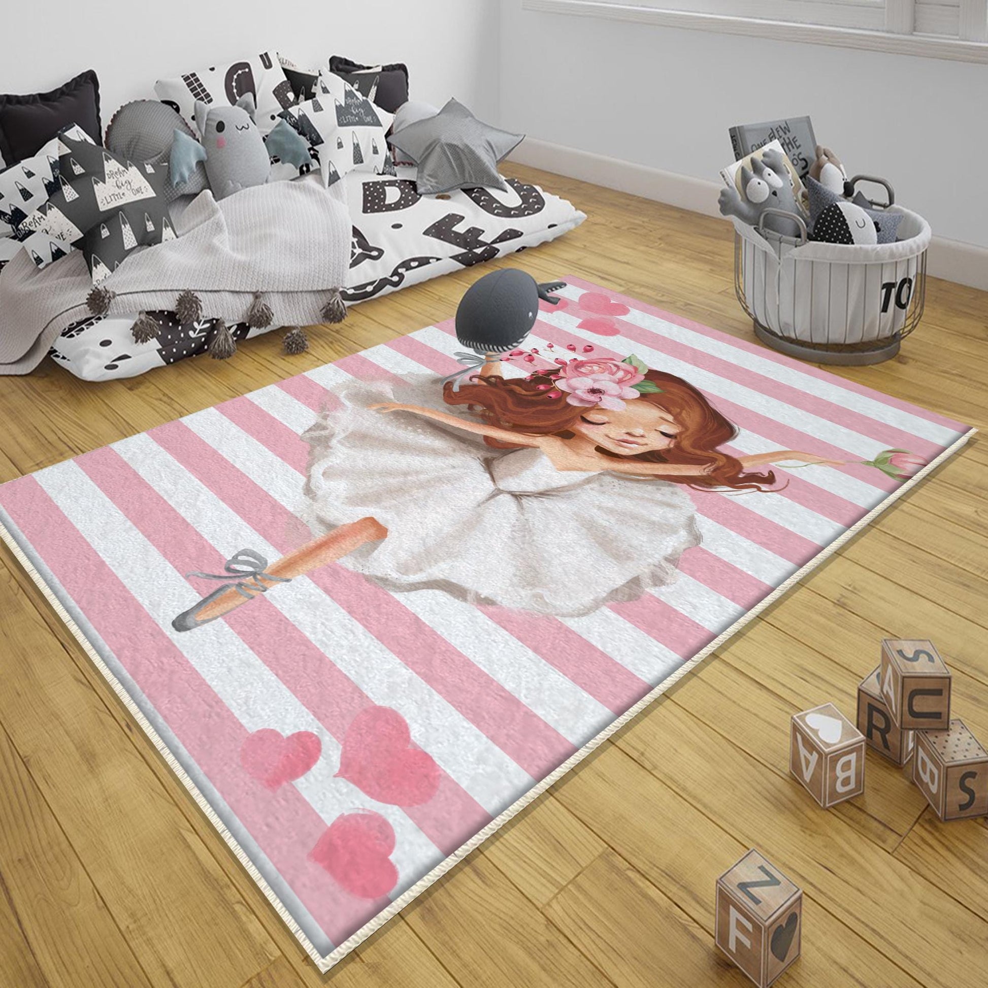 Round Pink White Ballerina Girl Nursery Room Rug, Cute Ballerina Rug Gift For Kid, Girl Baby Room Gift, Kid Room Decor with pillow case gift