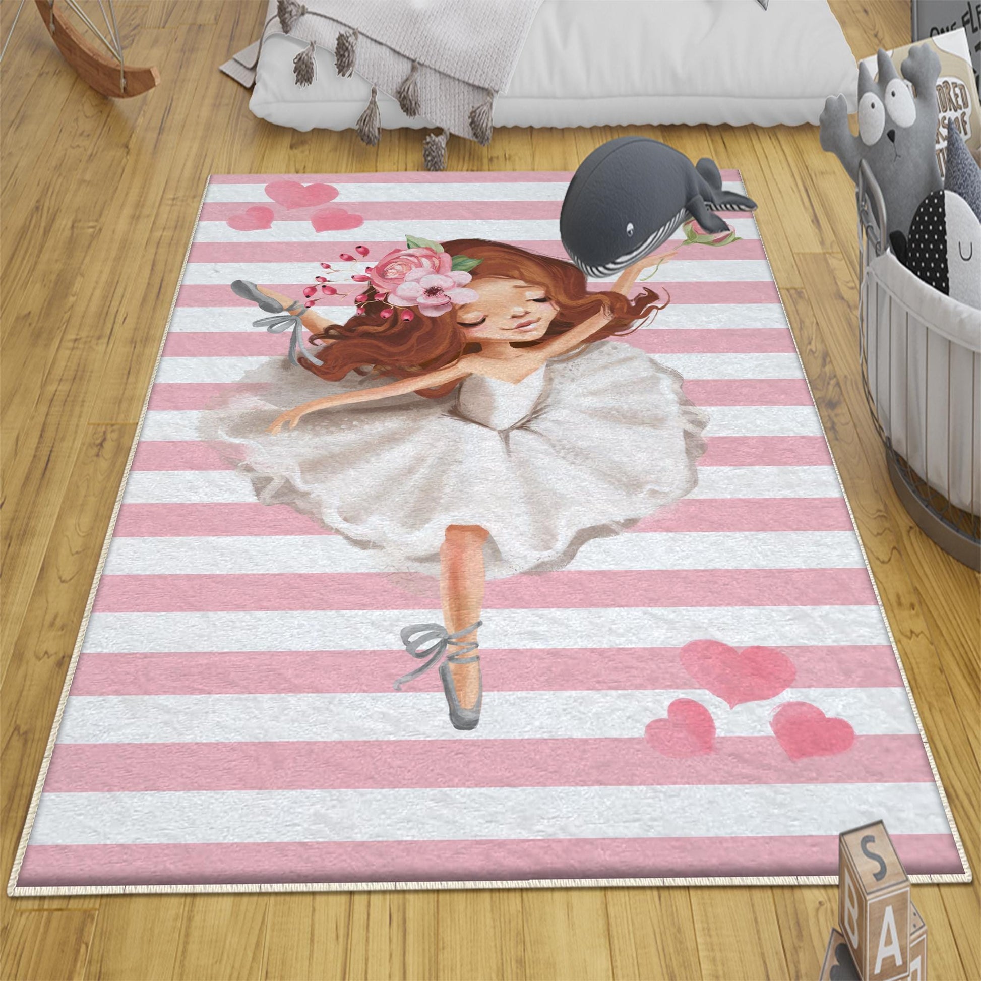 Round Pink White Ballerina Girl Nursery Room Rug, Cute Ballerina Rug Gift For Kid, Girl Baby Room Gift, Kid Room Decor with pillow case gift