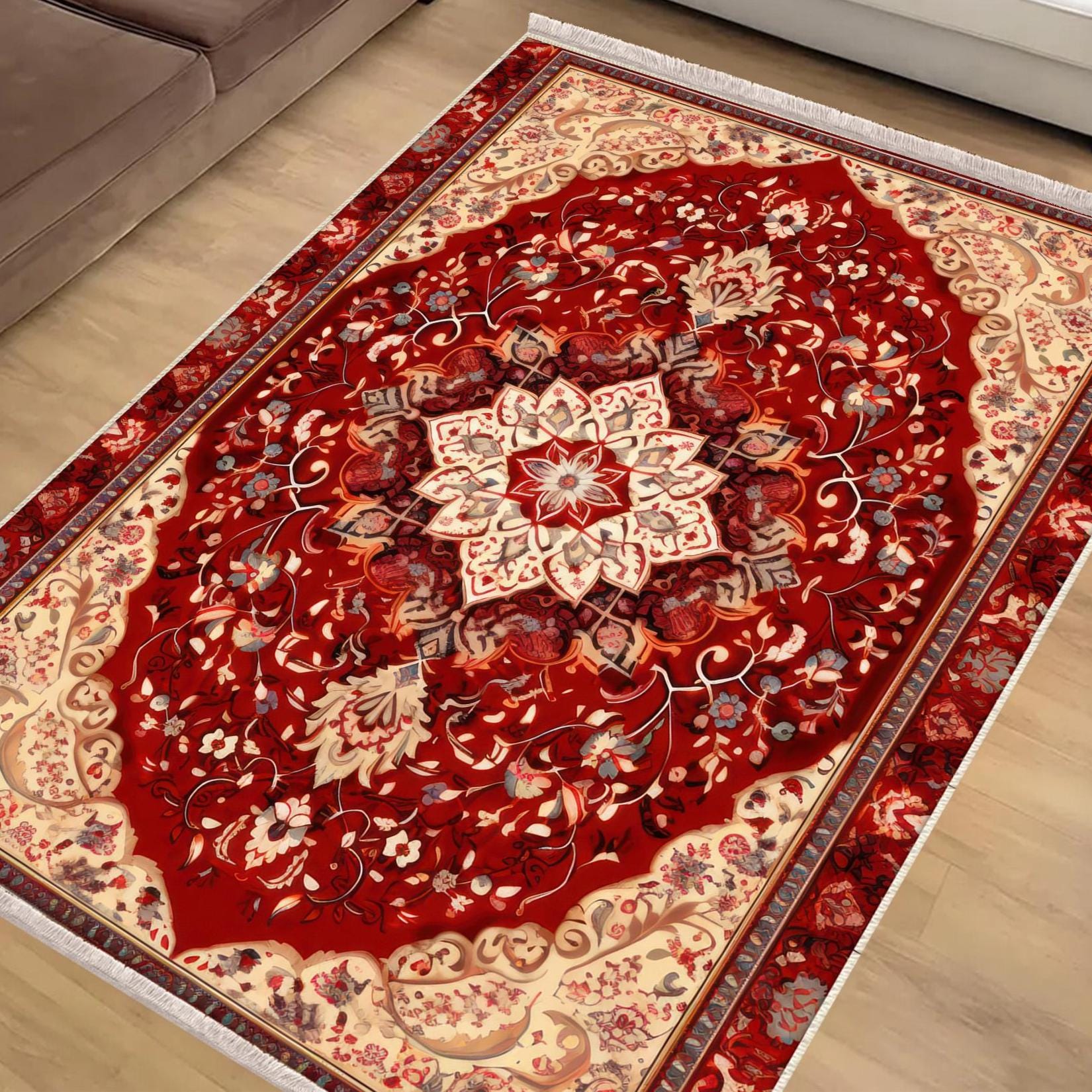 Persian Vintage Style Rug, Red Brown Turkish Ottoman Carpet, Soft Textured Kitchen Runner, Bohemian Area Rug for Living Room Bedroom