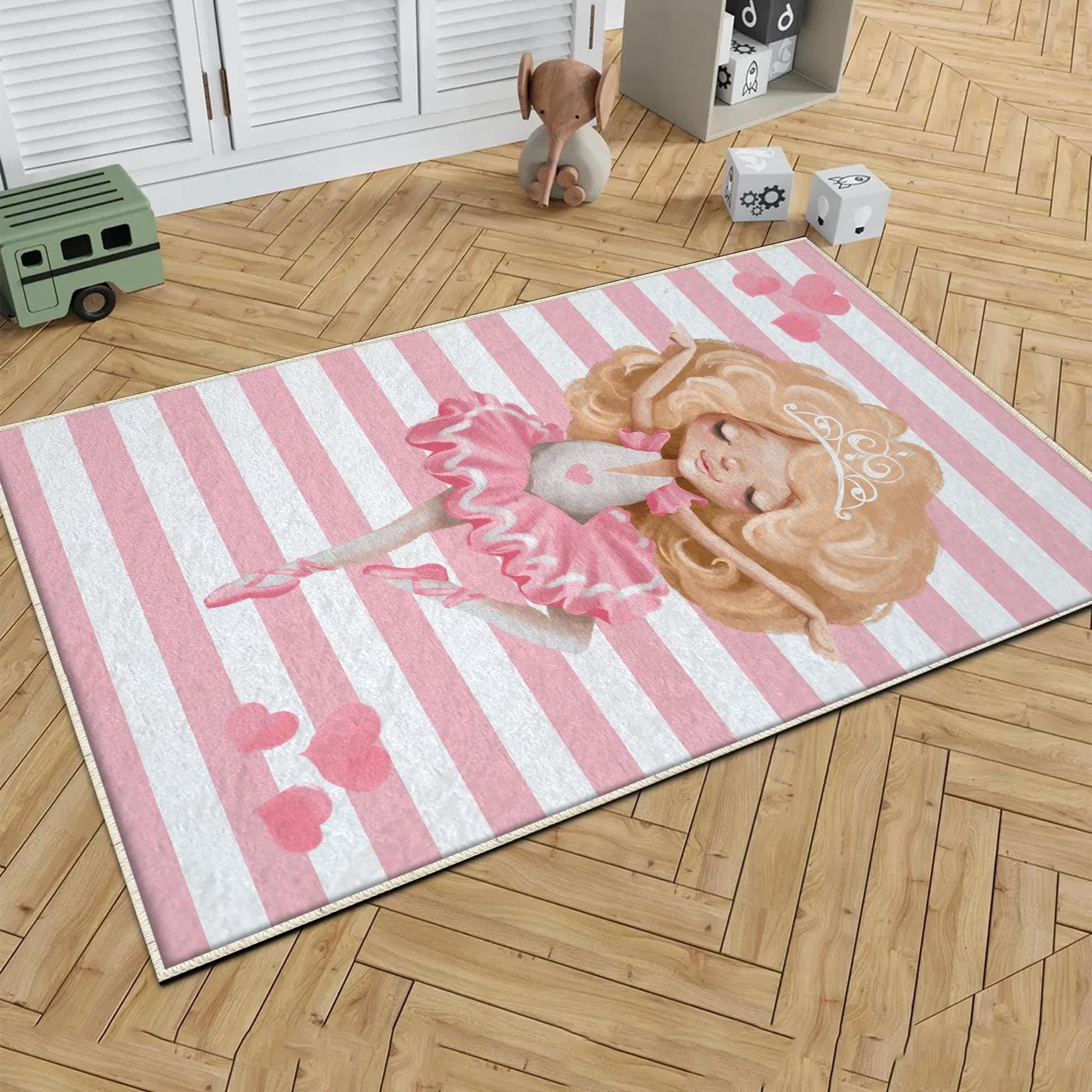 Pink Blonde Ballerina Girl Heart Nursery Room Rug, Cute Ballerina Rug Gift For Kid, Girl Baby Room Gift, Kid Room Decor with pillow case gift