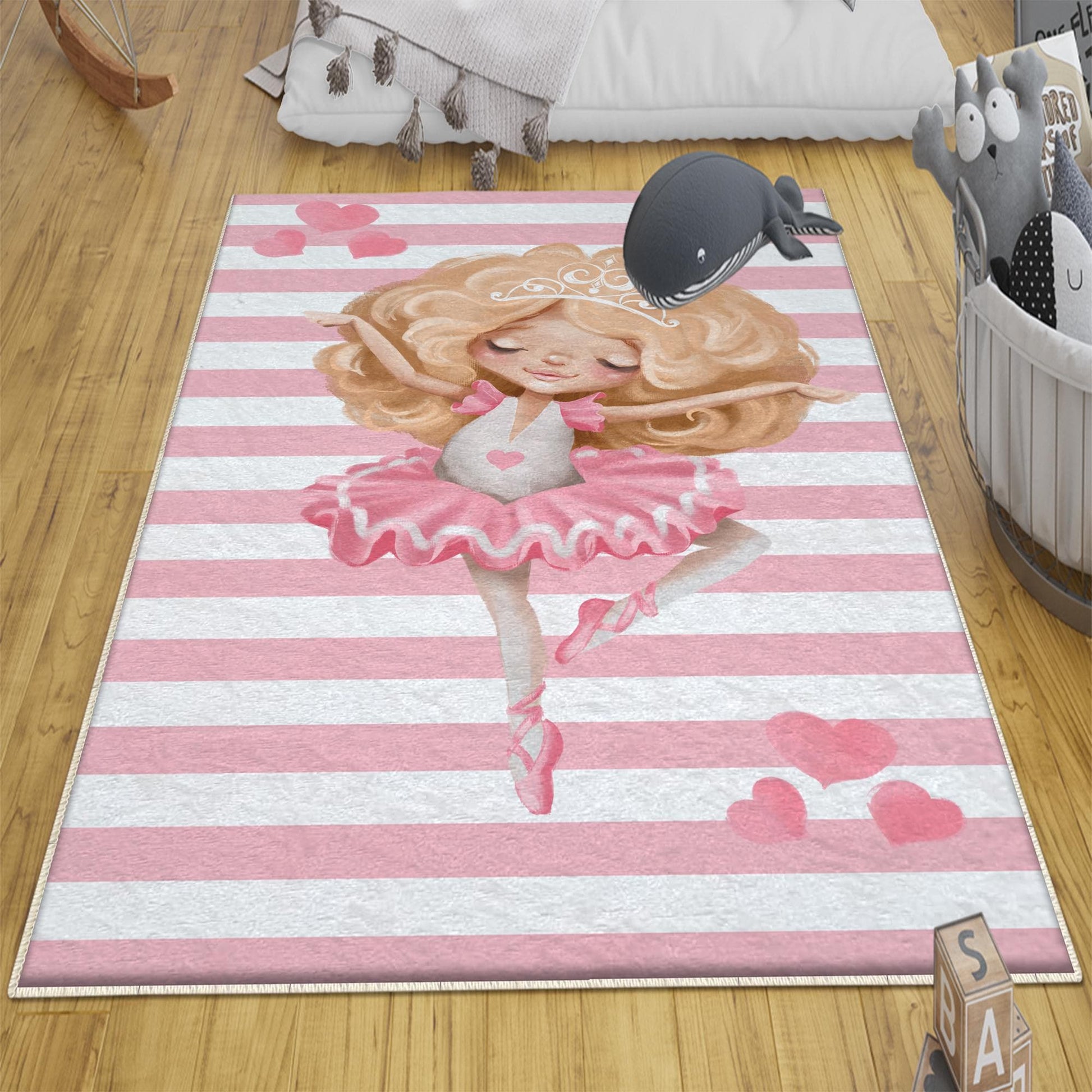 Round Pink Blonde Ballerina Girl Nursery Room Rug, Cute Ballerina Rug Gift For Kid, Girl Baby Room Gift,Kid Room Decor with pillow case gift