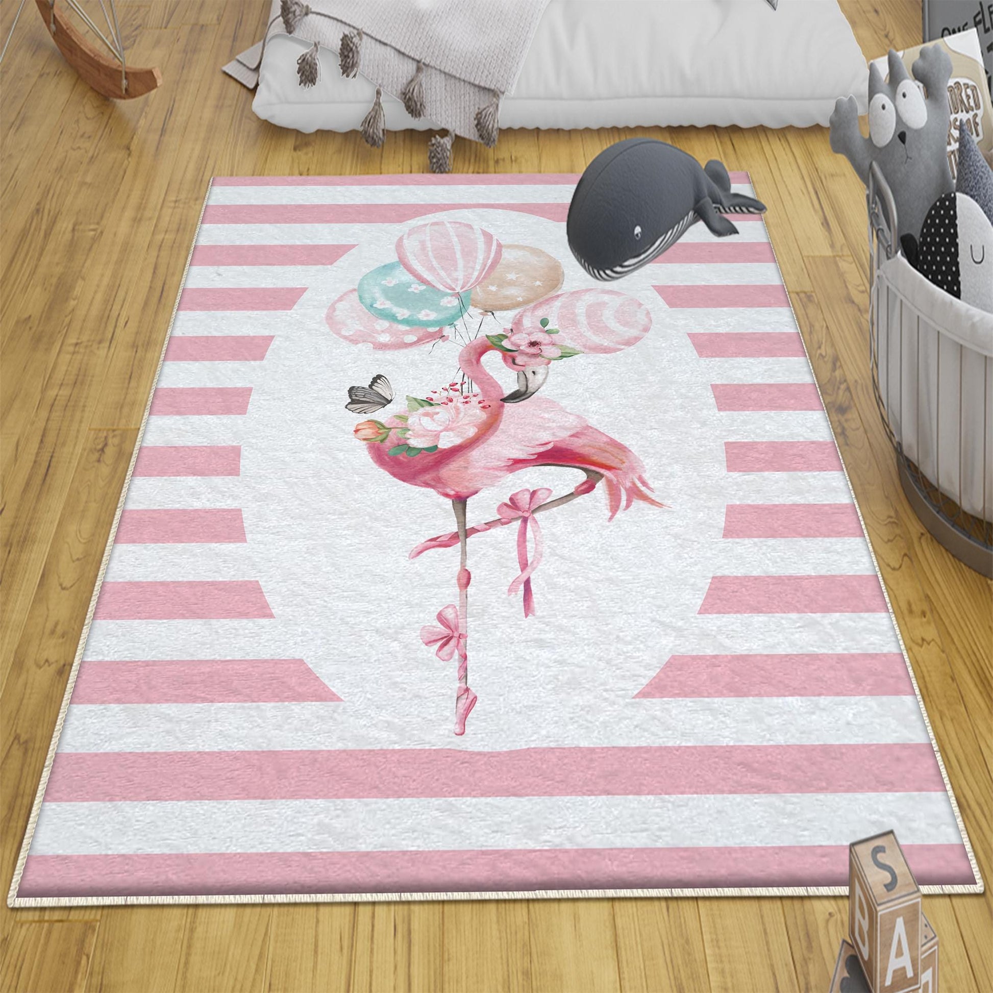 Round Pink Flamingo Girl Baby Nursery Room Rug, Cute Ballerina Rug Gift For Kid, Girl Baby Room Gift, Kid Room Decor with pillow case gift